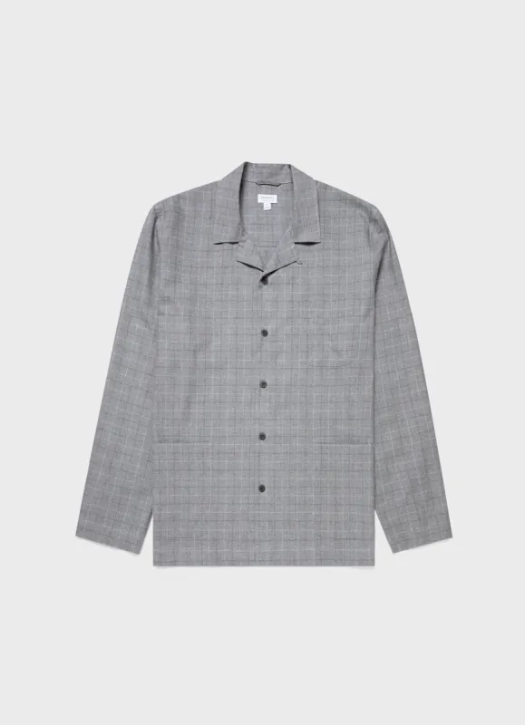 Men's Cotton Flannel Pyjama Shirt in Mid Grey Check made by Sunspel