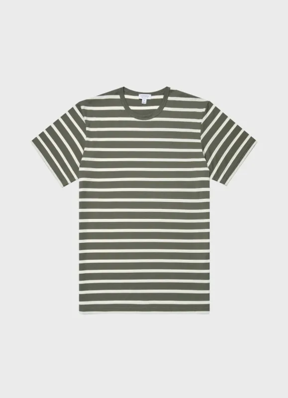 Men's Classic T-shirt in Khaki/Ecru Breton Stripe sold by Sunspel