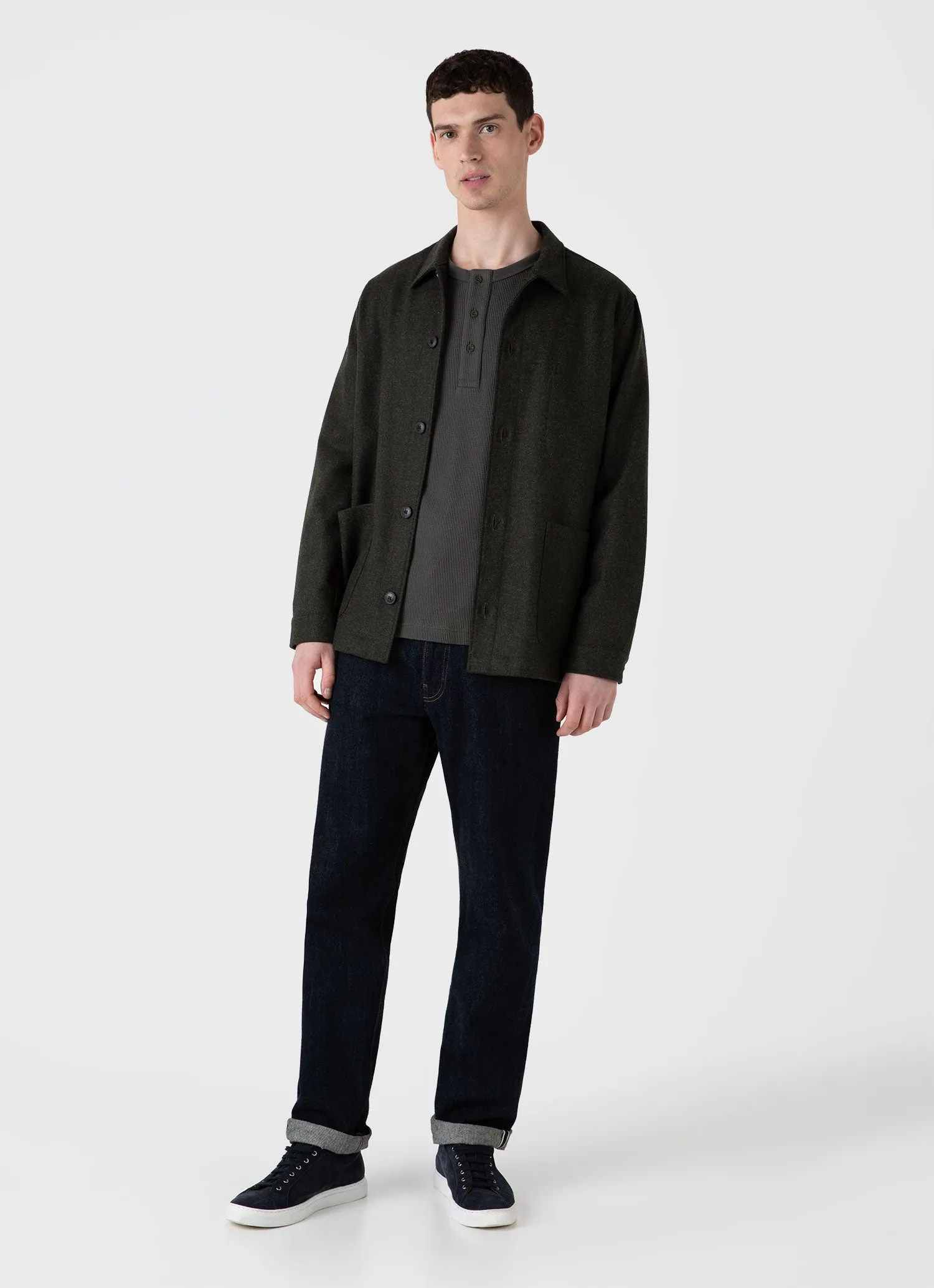 Men's Long Sleeve Waffle Henley in Drill Green sold by Sunspel product image thumbnail 3