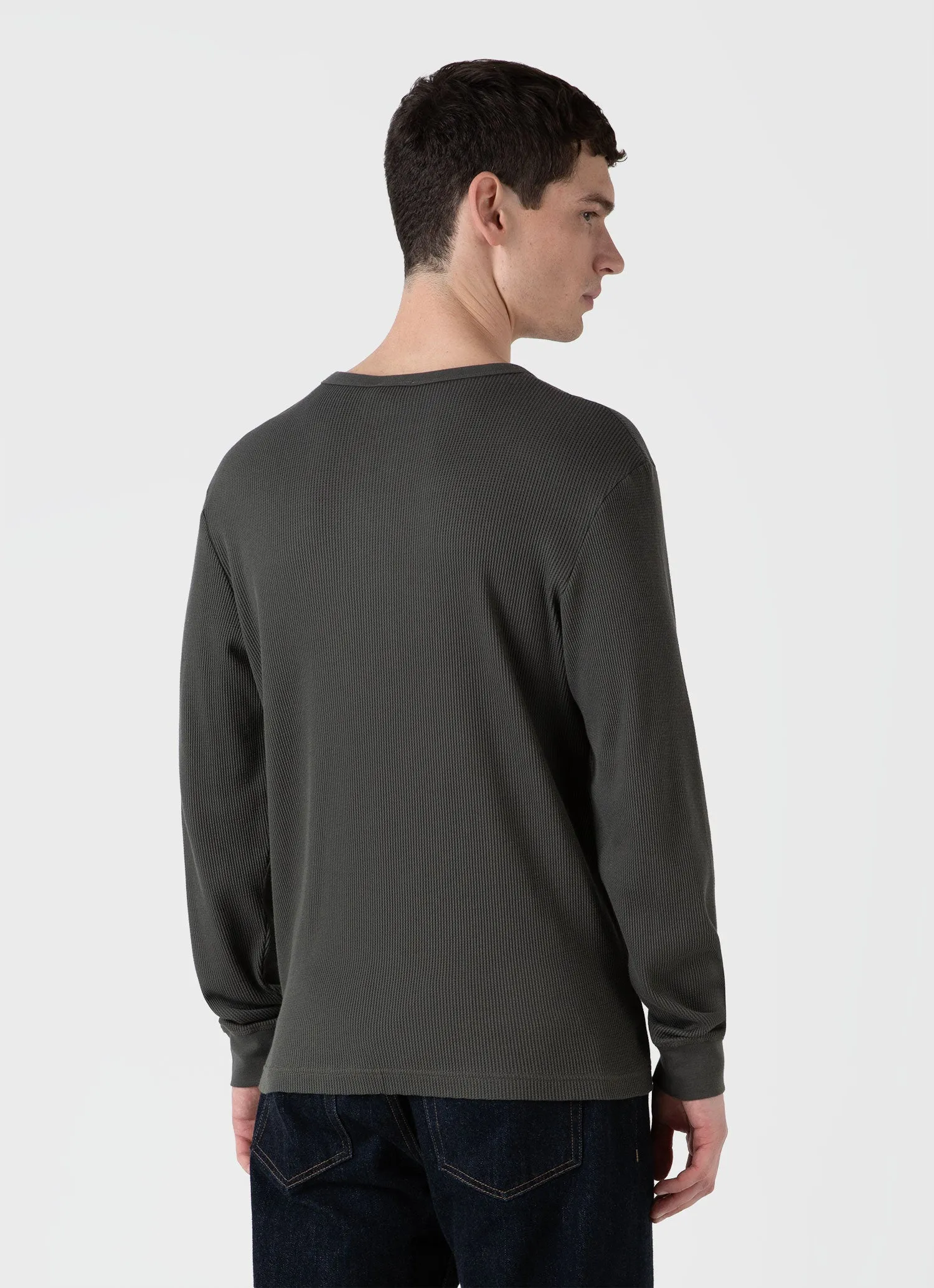 Men's Long Sleeve Waffle Henley in Drill Green sold by Sunspel product image thumbnail 5