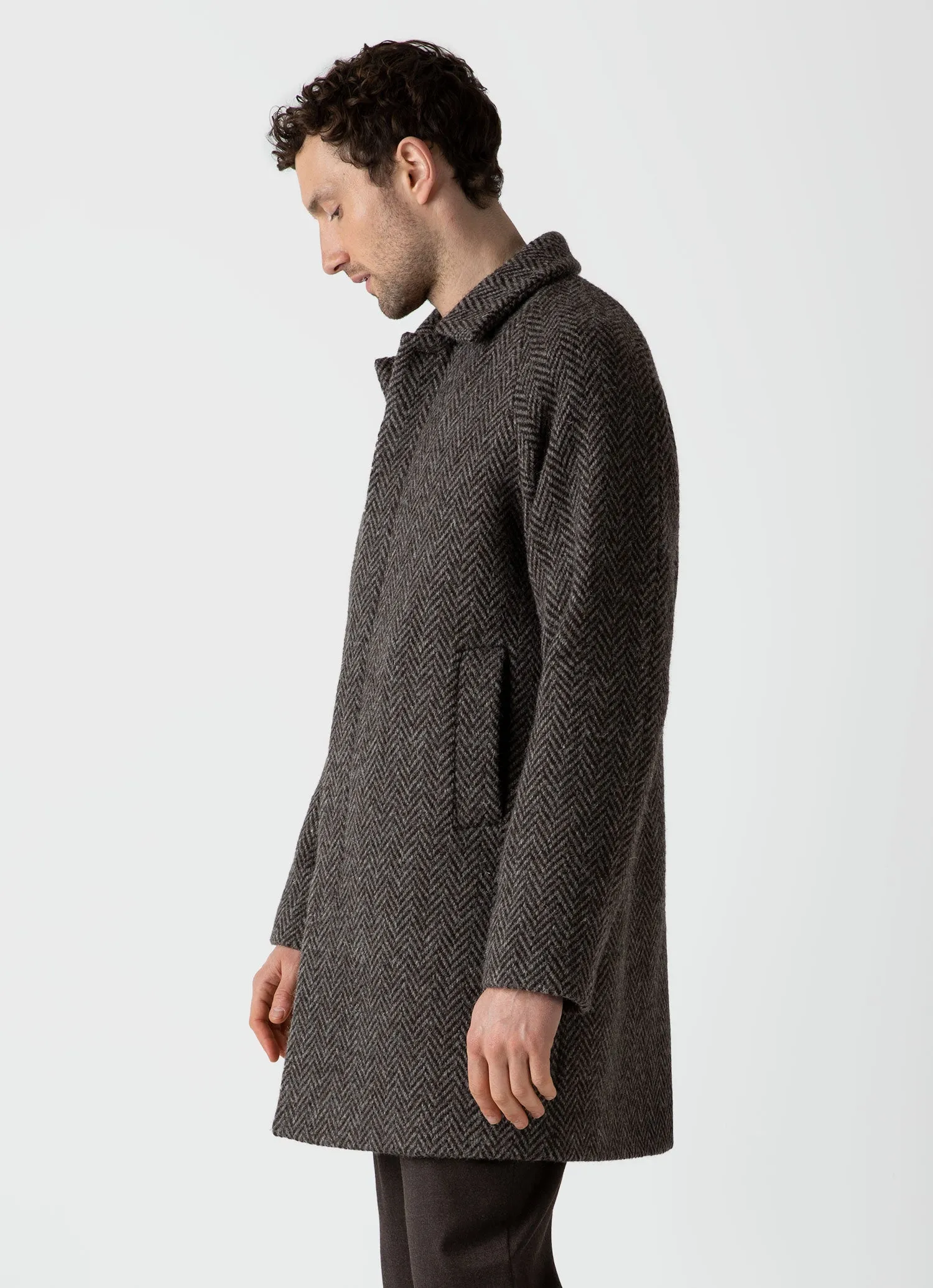Men's British Wool Car Coat in Brown Herringbone sold by Sunspel product image thumbnail 2