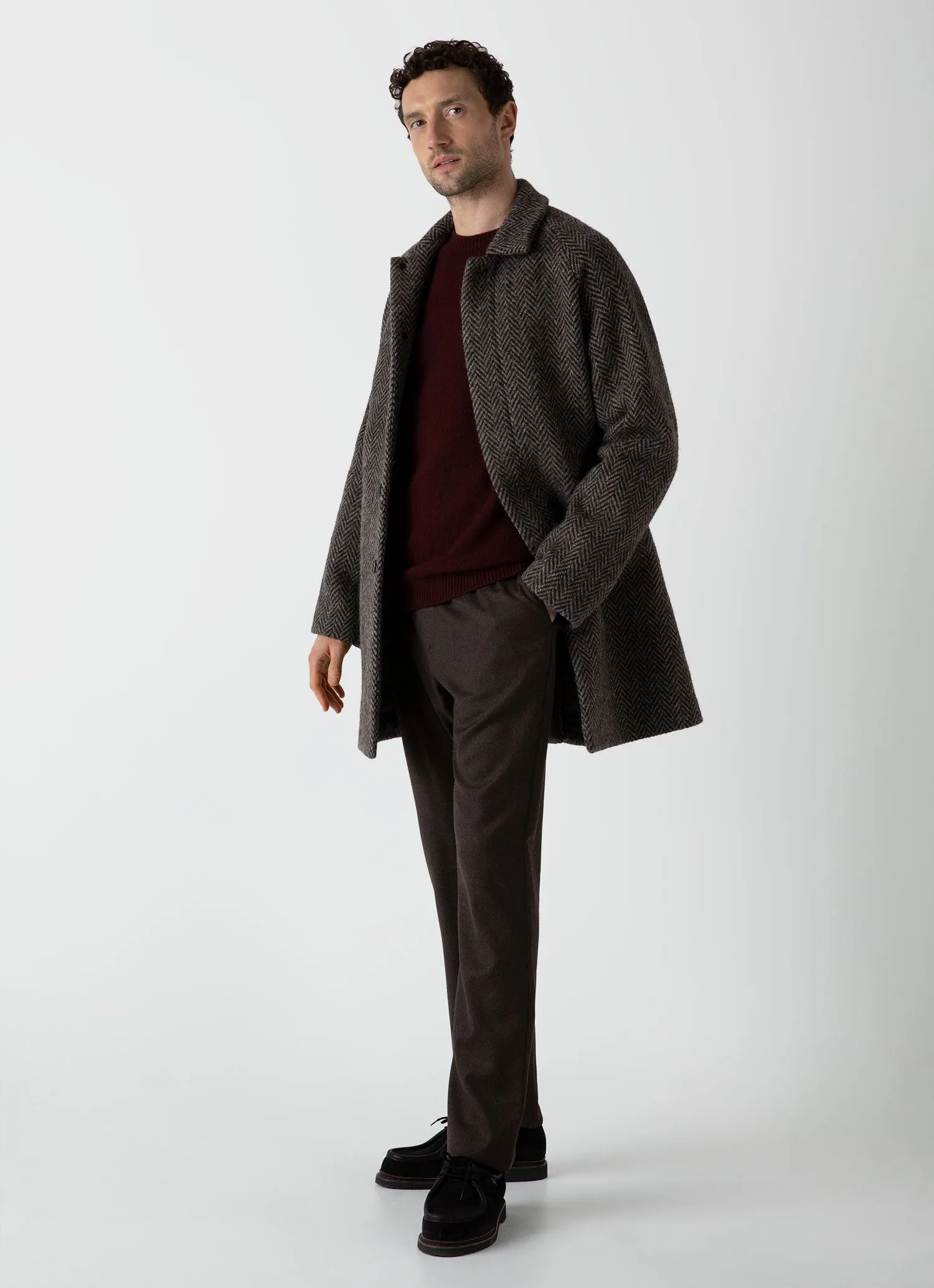 Men's British Wool Car Coat in Brown Herringbone sold by Sunspel product image thumbnail 3