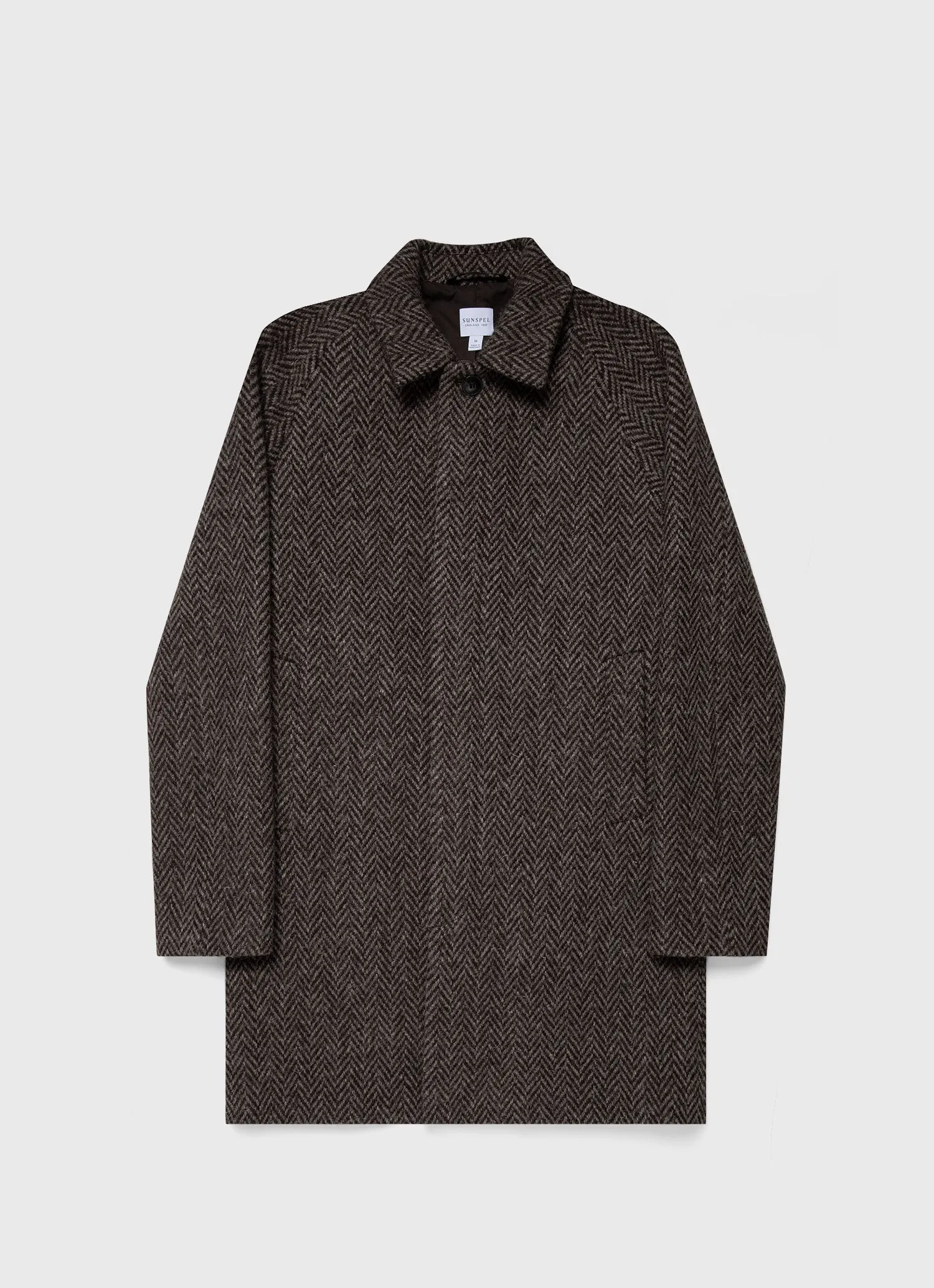 Men's British Wool Car Coat in Brown Herringbone sold by Sunspel