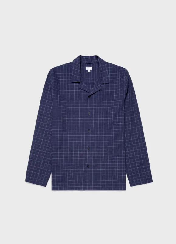 Men's Cotton Flannel Pyjama Shirt in Navy Check sold by Sunspel