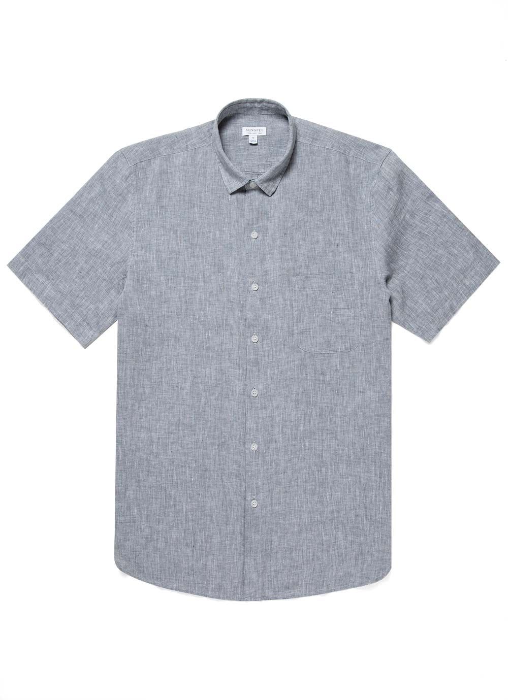 Men's Italian Linen Short Sleeve Shirt in Grey Melange in Grey Melange sold by Sunspel