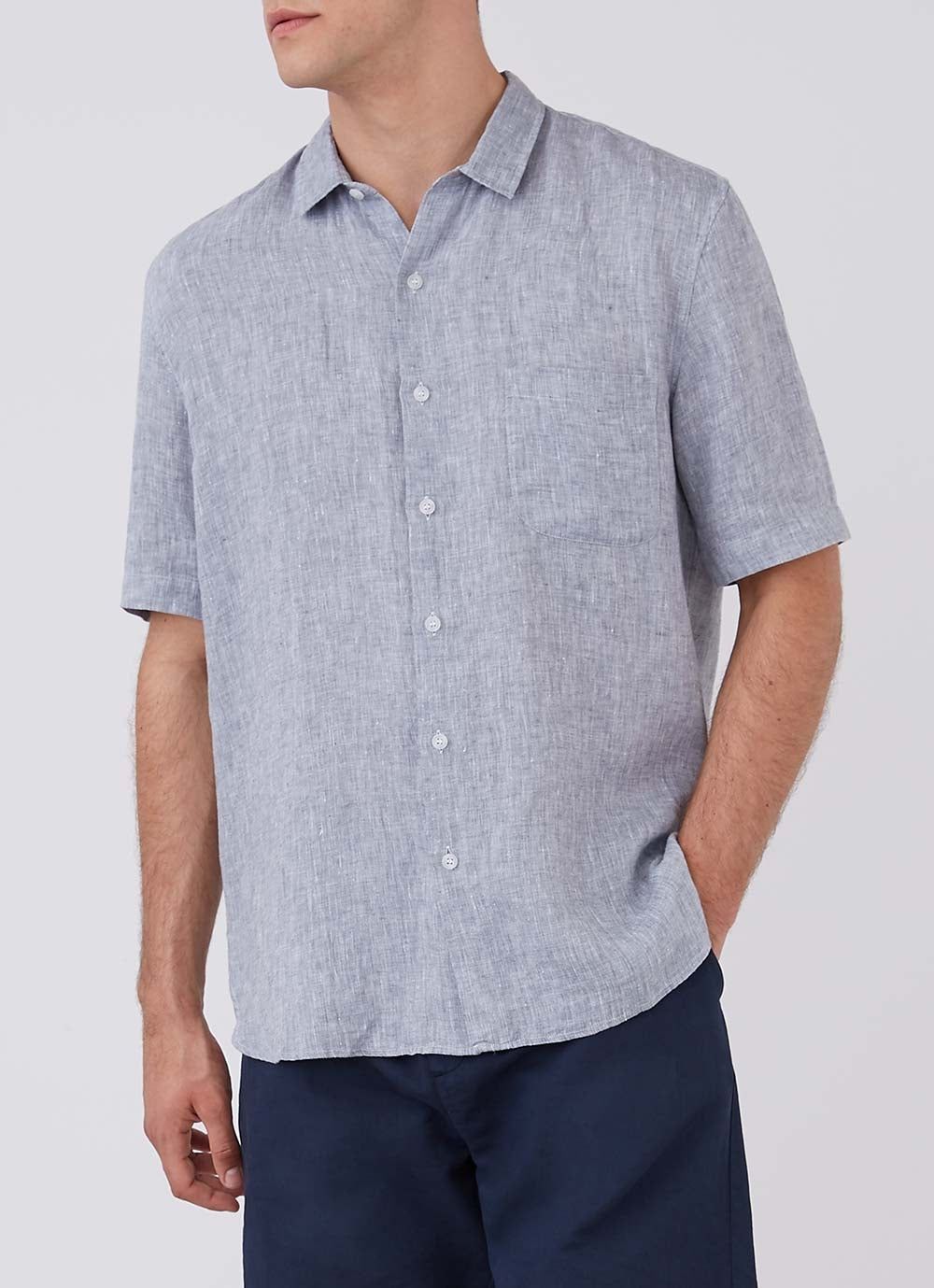 Men's Italian Linen Short Sleeve Shirt in Grey Melange in Grey Melange sold by Sunspel product image thumbnail 2