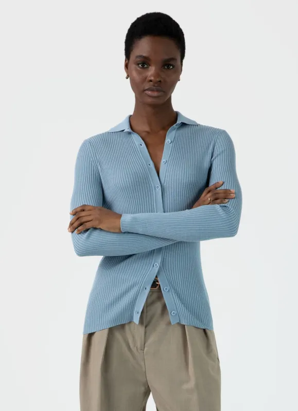 Women's Mulberry Silk Rib Cardigan in Light Blue sold by Sunspel