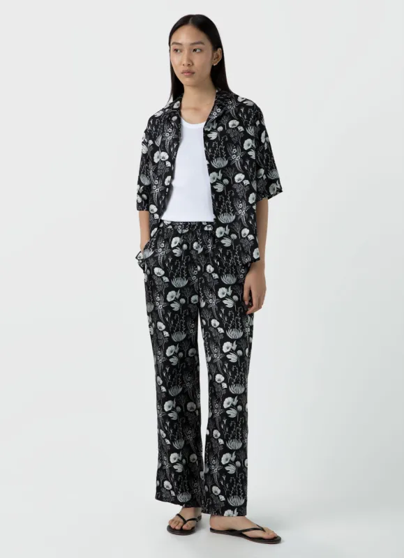Women's Silk Leaf Print Camp Collar Shirt in Black sold by Sunspel