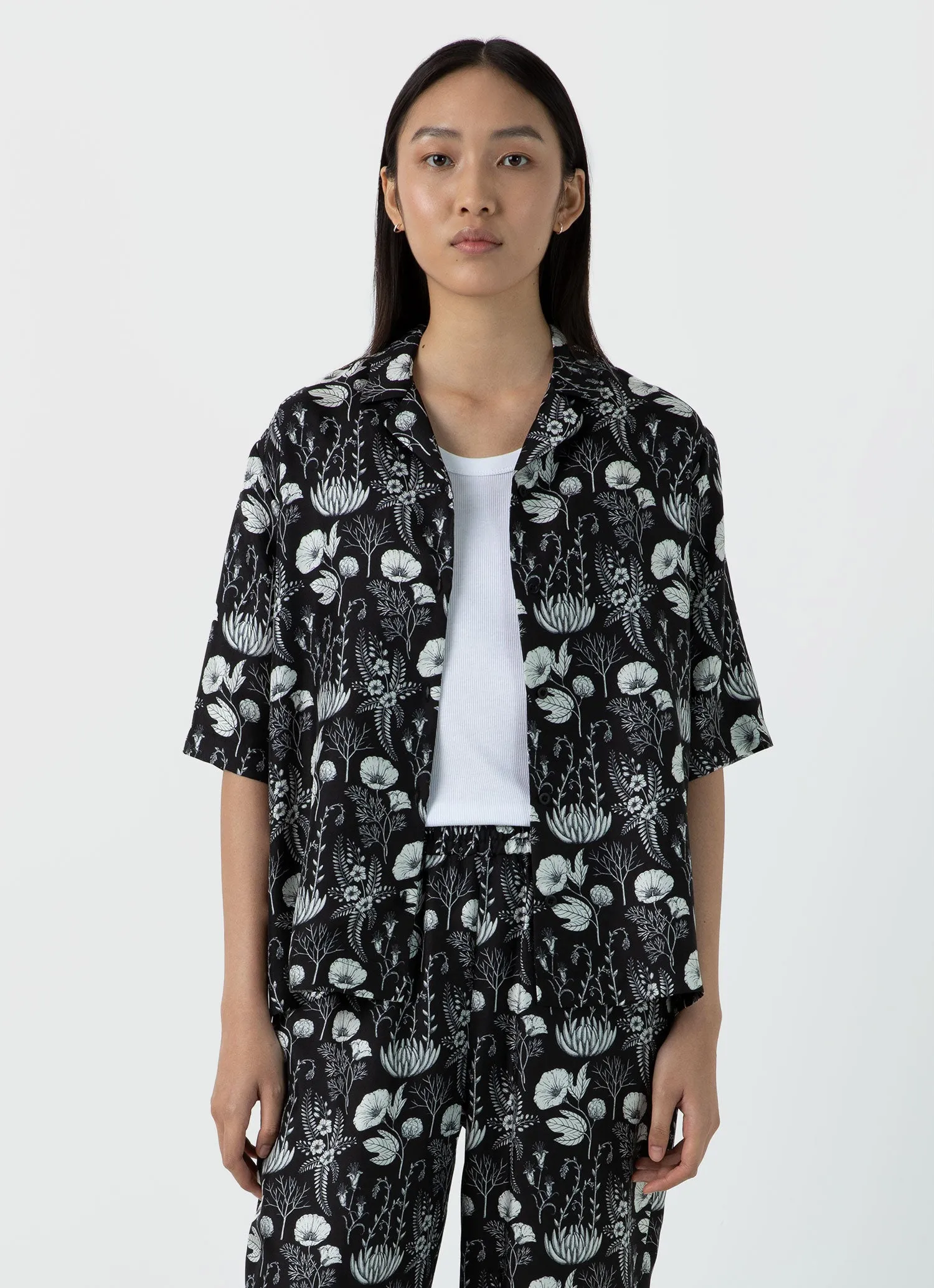 Women's Silk Leaf Print Camp Collar Shirt in Black sold by Sunspel product image thumbnail 2