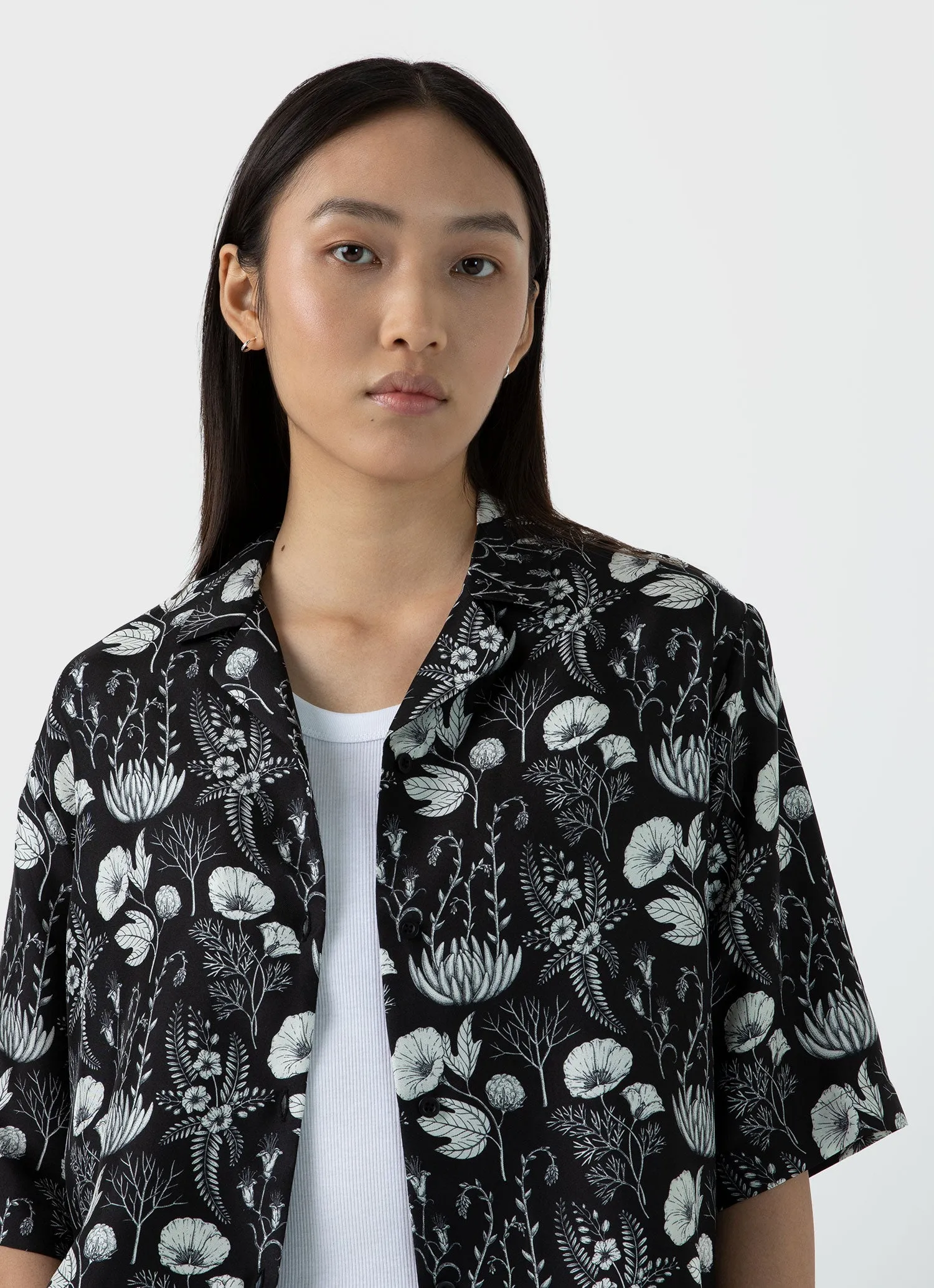 Women's Silk Leaf Print Camp Collar Shirt in Black sold by Sunspel product image thumbnail 3