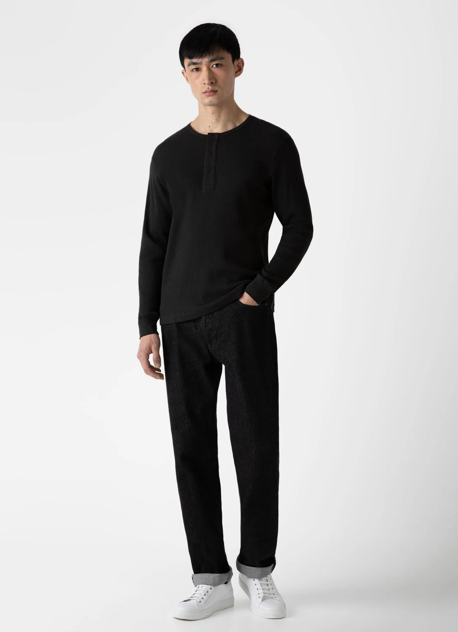 Men's Long Sleeve Waffle Henley in Coffee sold by Sunspel product image thumbnail 3