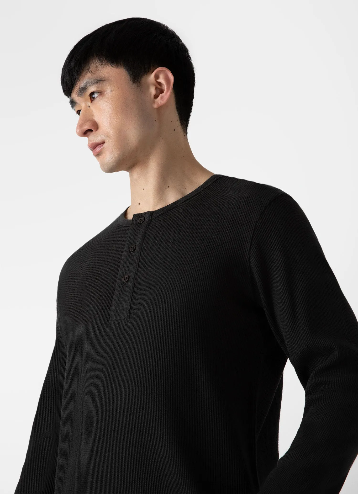 Men's Long Sleeve Waffle Henley in Coffee sold by Sunspel product image thumbnail 5