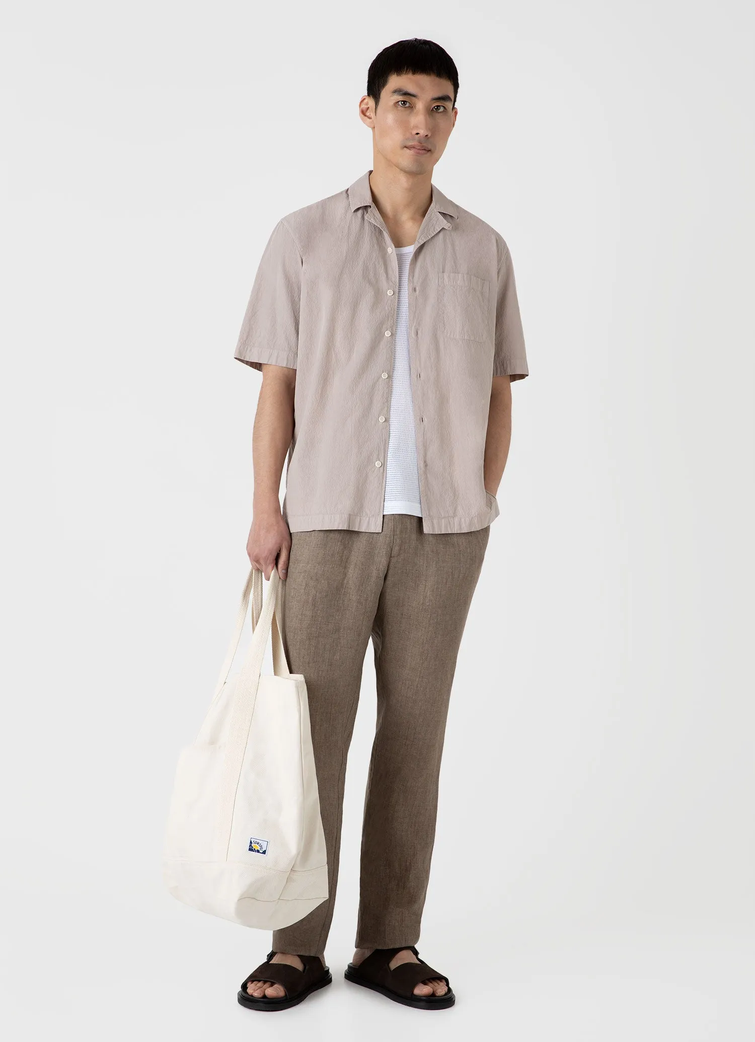 Men's Seersucker Camp Collar Shirt in Light Sand sold by Sunspel product image thumbnail 3