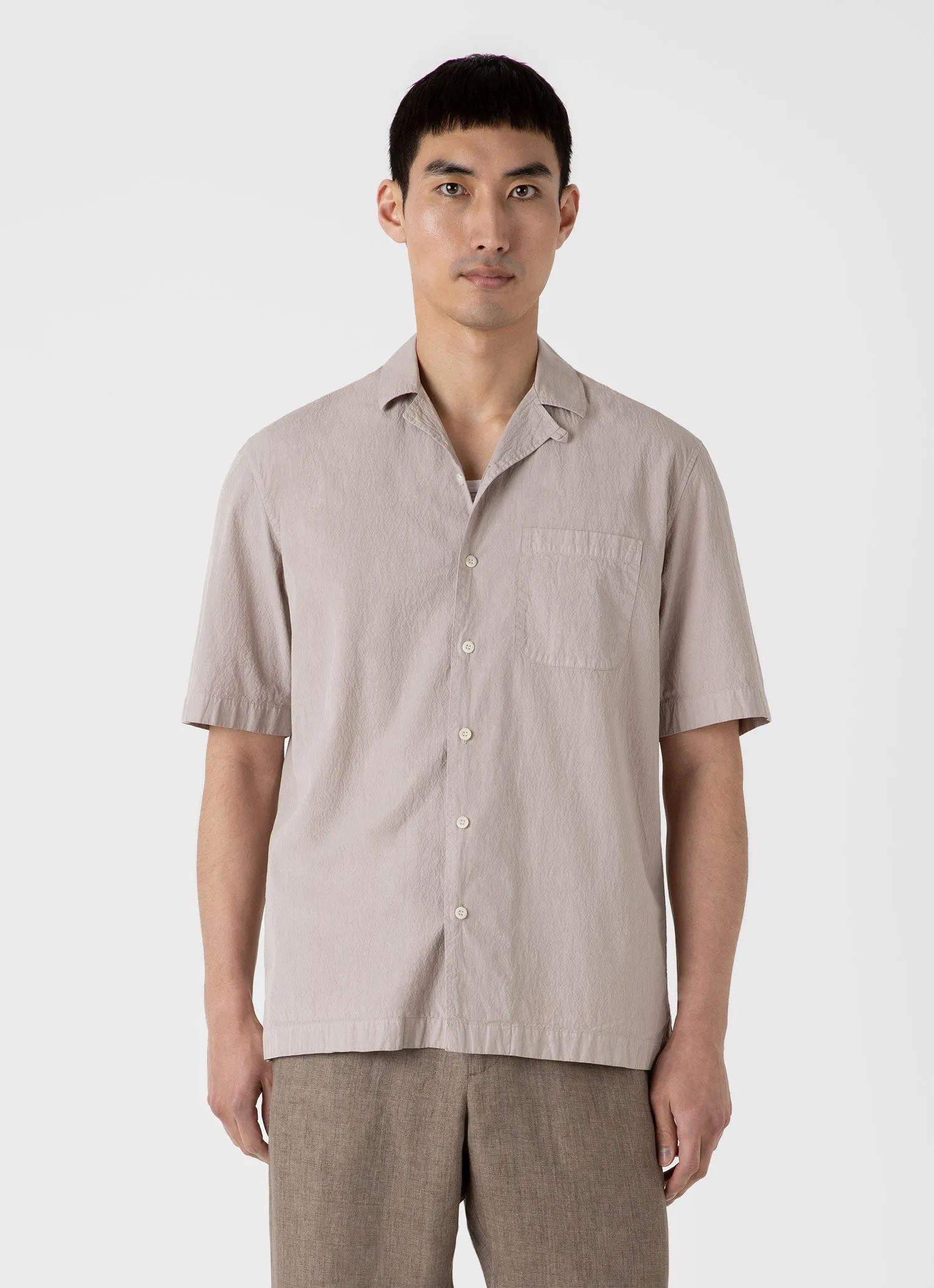 Men's Seersucker Camp Collar Shirt in Light Sand sold by Sunspel product image thumbnail 2