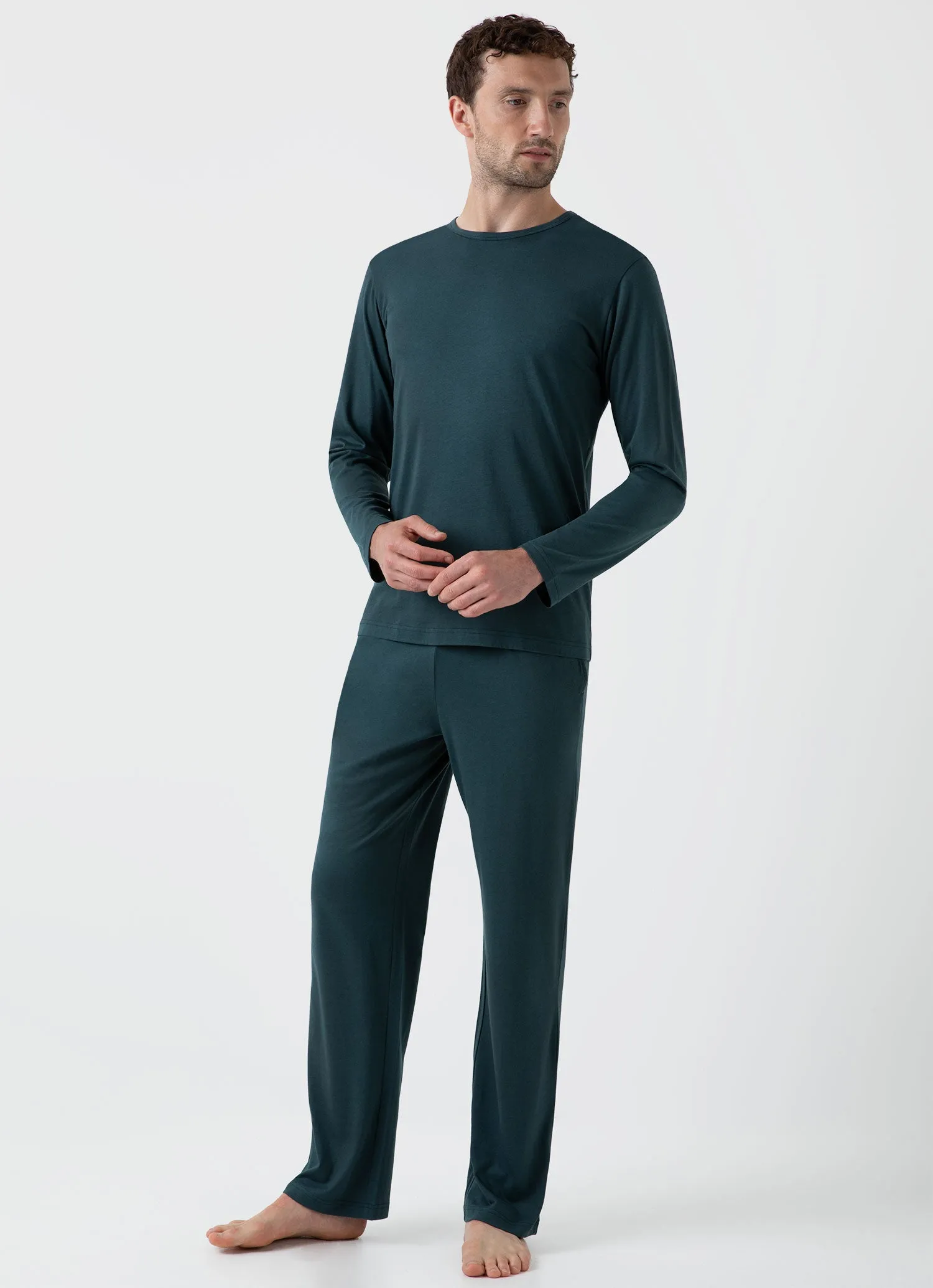 Men's Cotton Modal Lounge Long Sleeve T-shirt in Peacock sold by Sunspel product image thumbnail 3