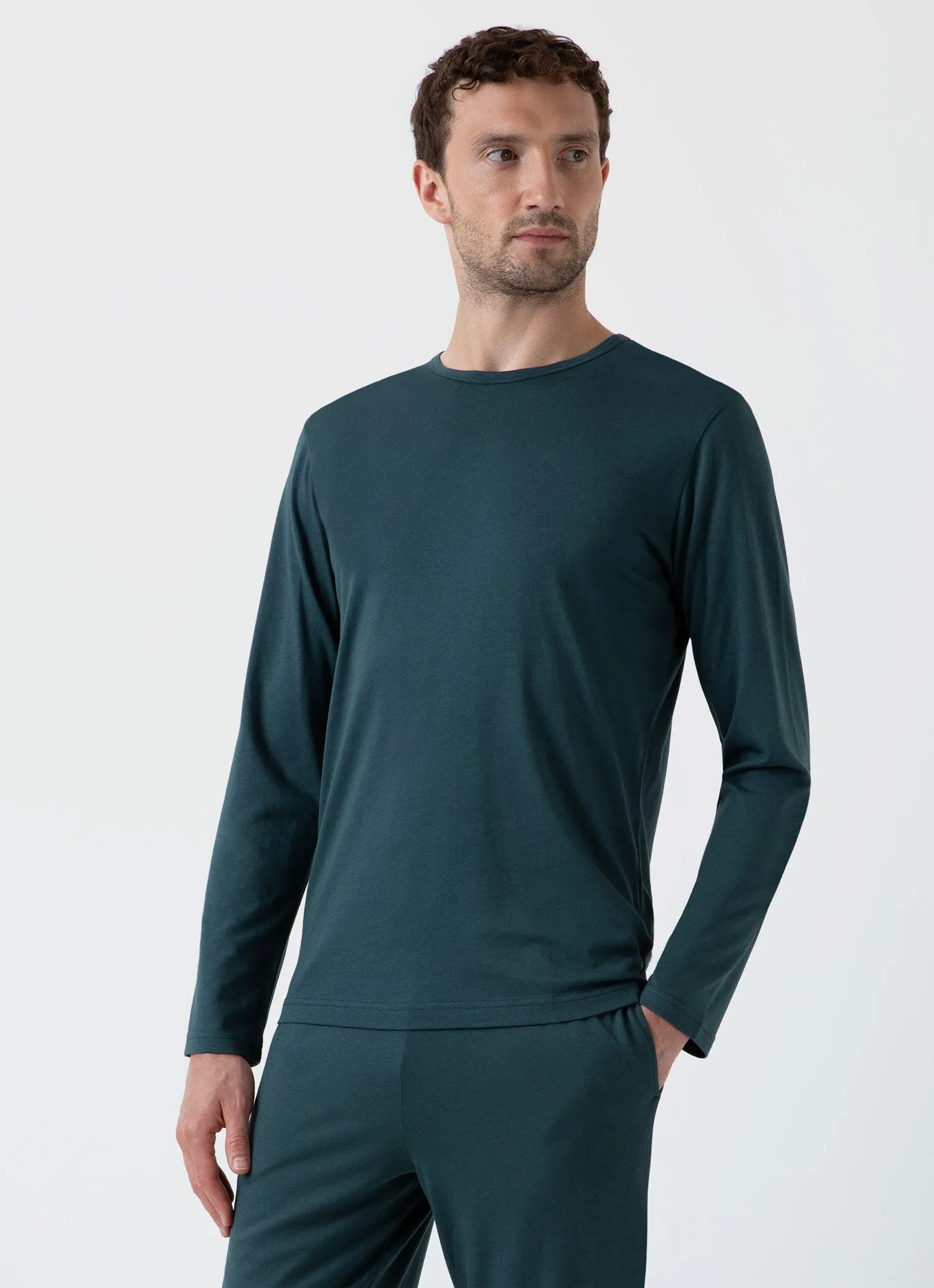 Men's Cotton Modal Lounge Long Sleeve T-shirt in Peacock sold by Sunspel product image thumbnail 2
