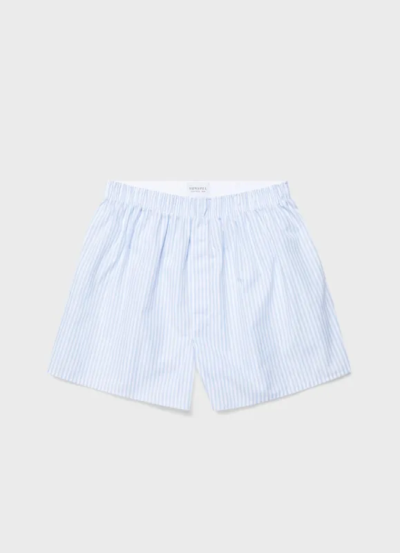 Men's Classic Boxer Shorts in White/Light Blue Bar Stripe sold by Sunspel