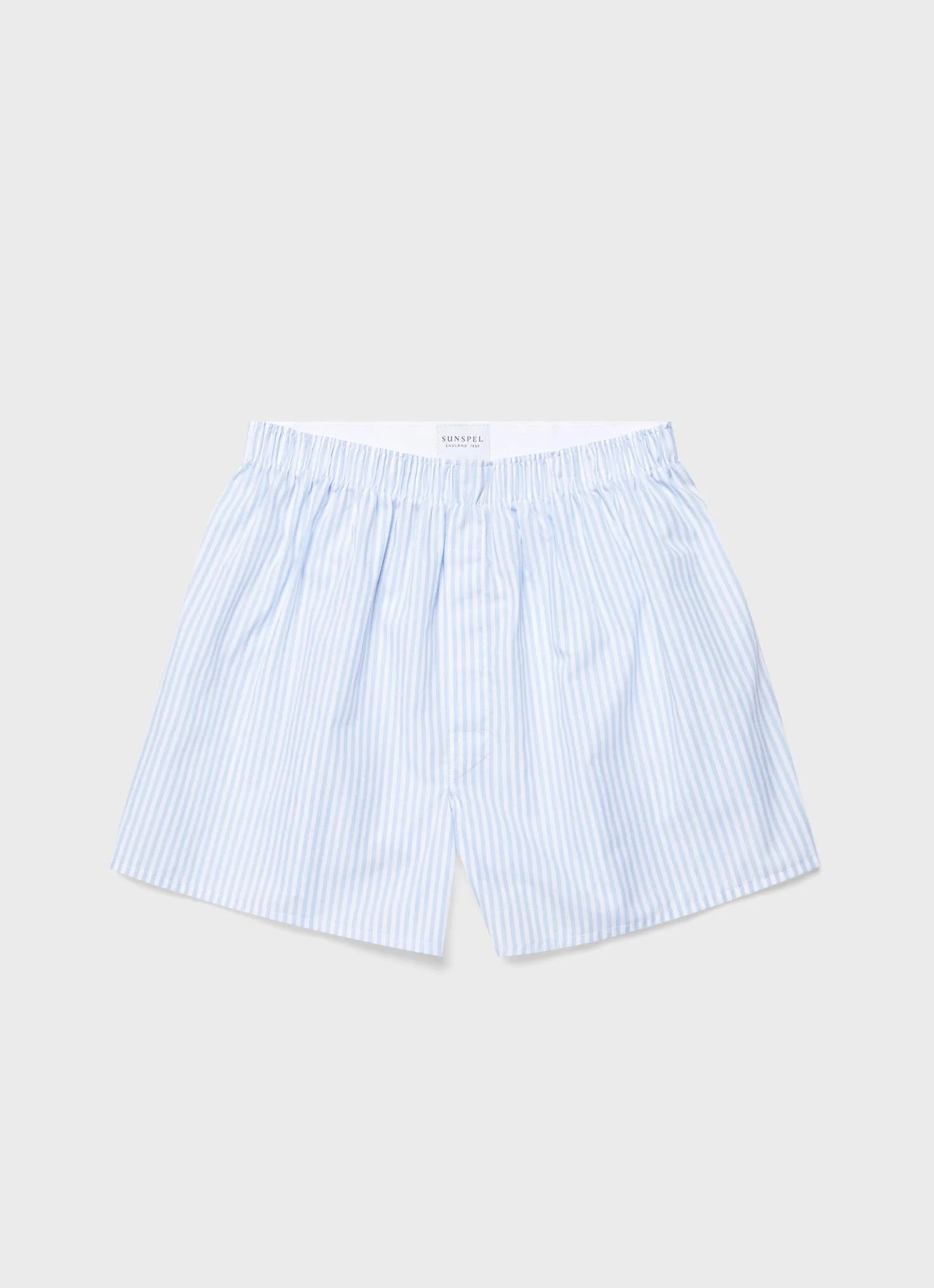 Men's Classic Boxer Shorts in White/Light Blue Bar Stripe sold by Sunspel