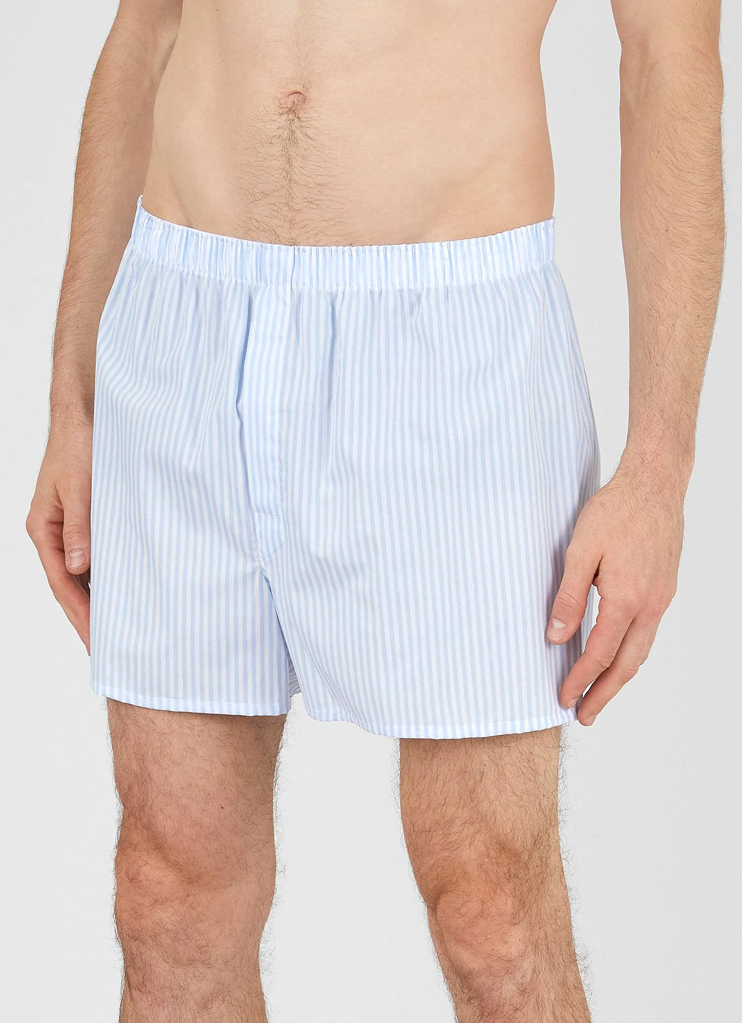 Men's Classic Boxer Shorts in White/Light Blue Bar Stripe sold by Sunspel product image thumbnail 2