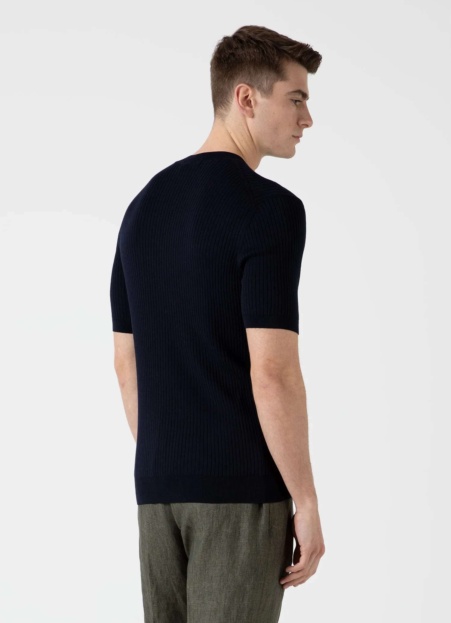 Men's Fine Rib Silk Cotton T-shirt in Navy sold by Sunspel product image thumbnail 5