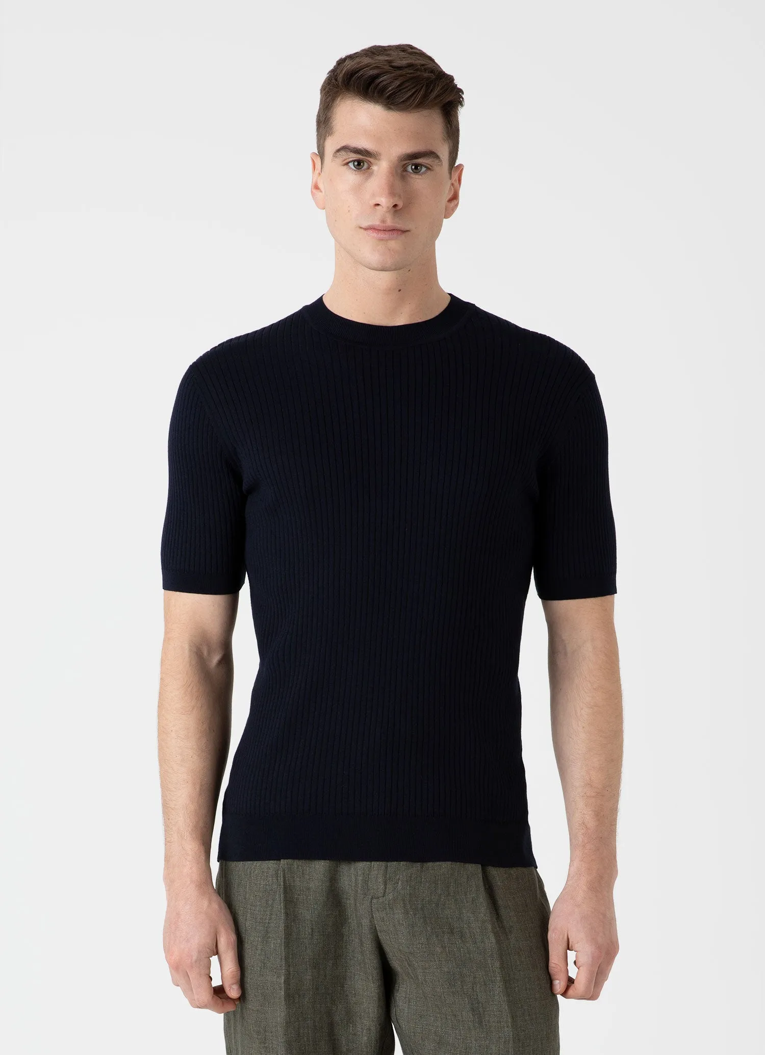 Men's Fine Rib Silk Cotton T-shirt in Navy sold by Sunspel product image thumbnail 2