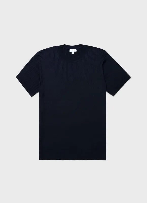 Men's Fine Rib Silk Cotton T-shirt in Navy sold by Sunspel