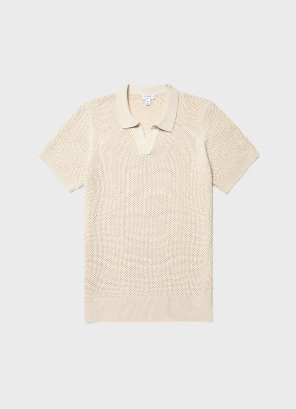 Men's Mr Porter Mesh Knit Polo in Ecru made by Sunspel