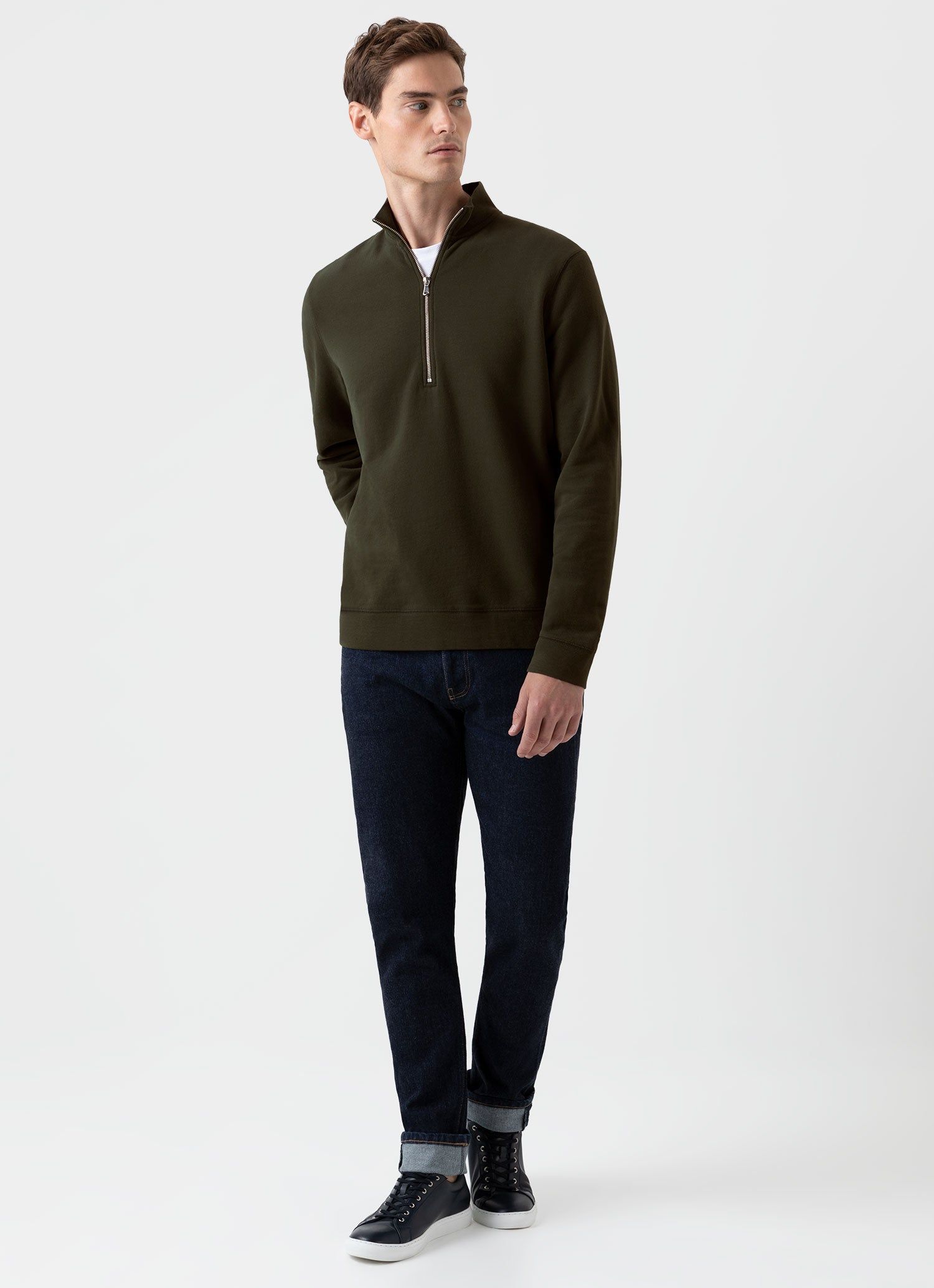 Men's Half Zip Loopback Sweatshirt in Dark Moss sold by Sunspel product image thumbnail 3
