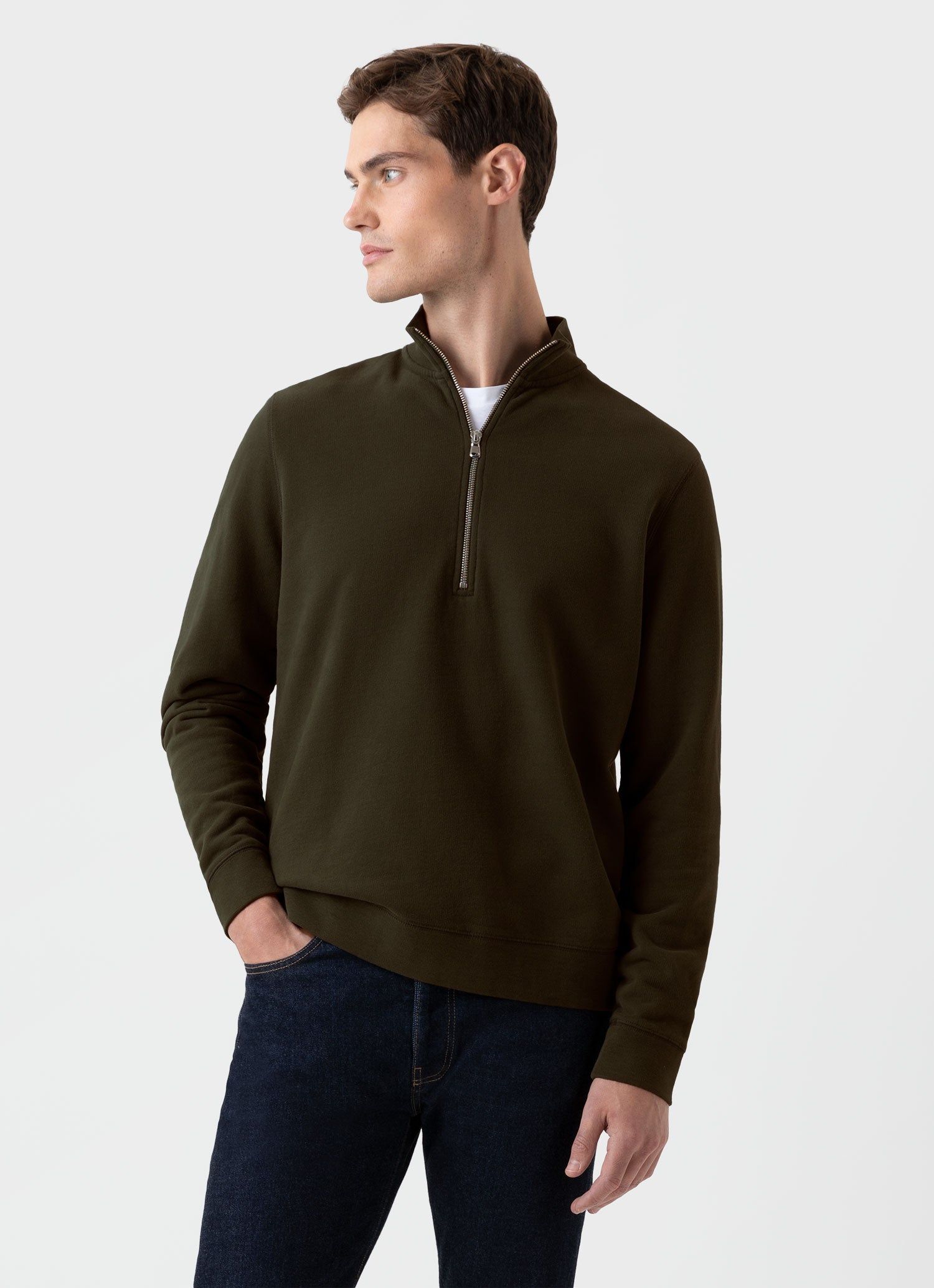 Men's Half Zip Loopback Sweatshirt in Dark Moss sold by Sunspel product image thumbnail 2