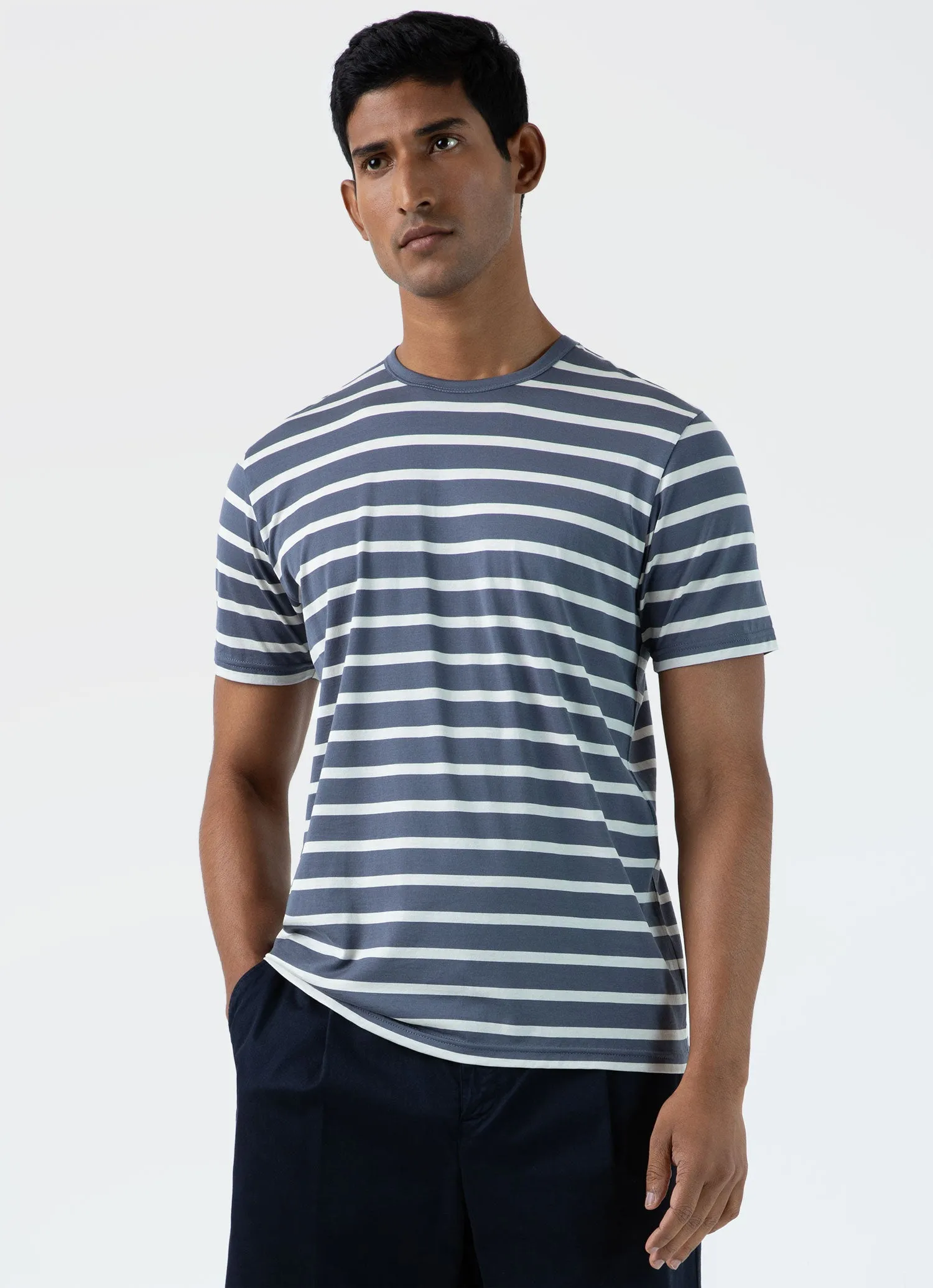 Men's Classic T-shirt in Slate Blue/Ecru Breton Stripe sold by Sunspel product image thumbnail 2