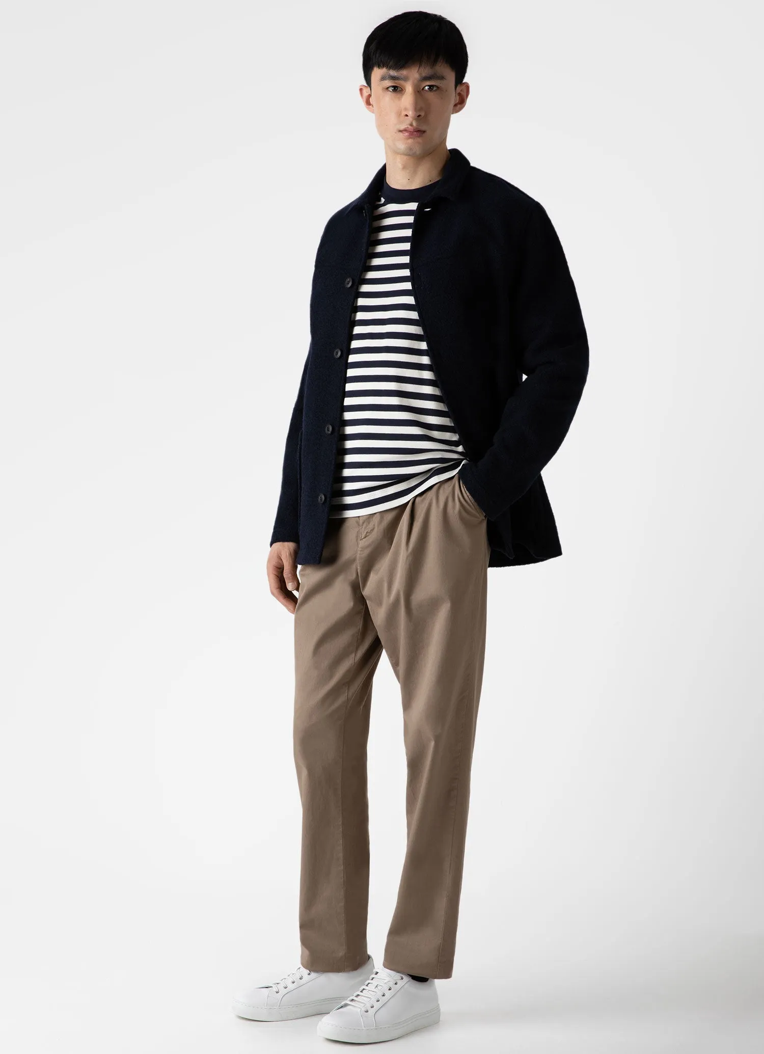 Men's Brushed Cotton Long Sleeve T-shirt in Navy/Ecru Block Stripe sold by Sunspel product image thumbnail 3