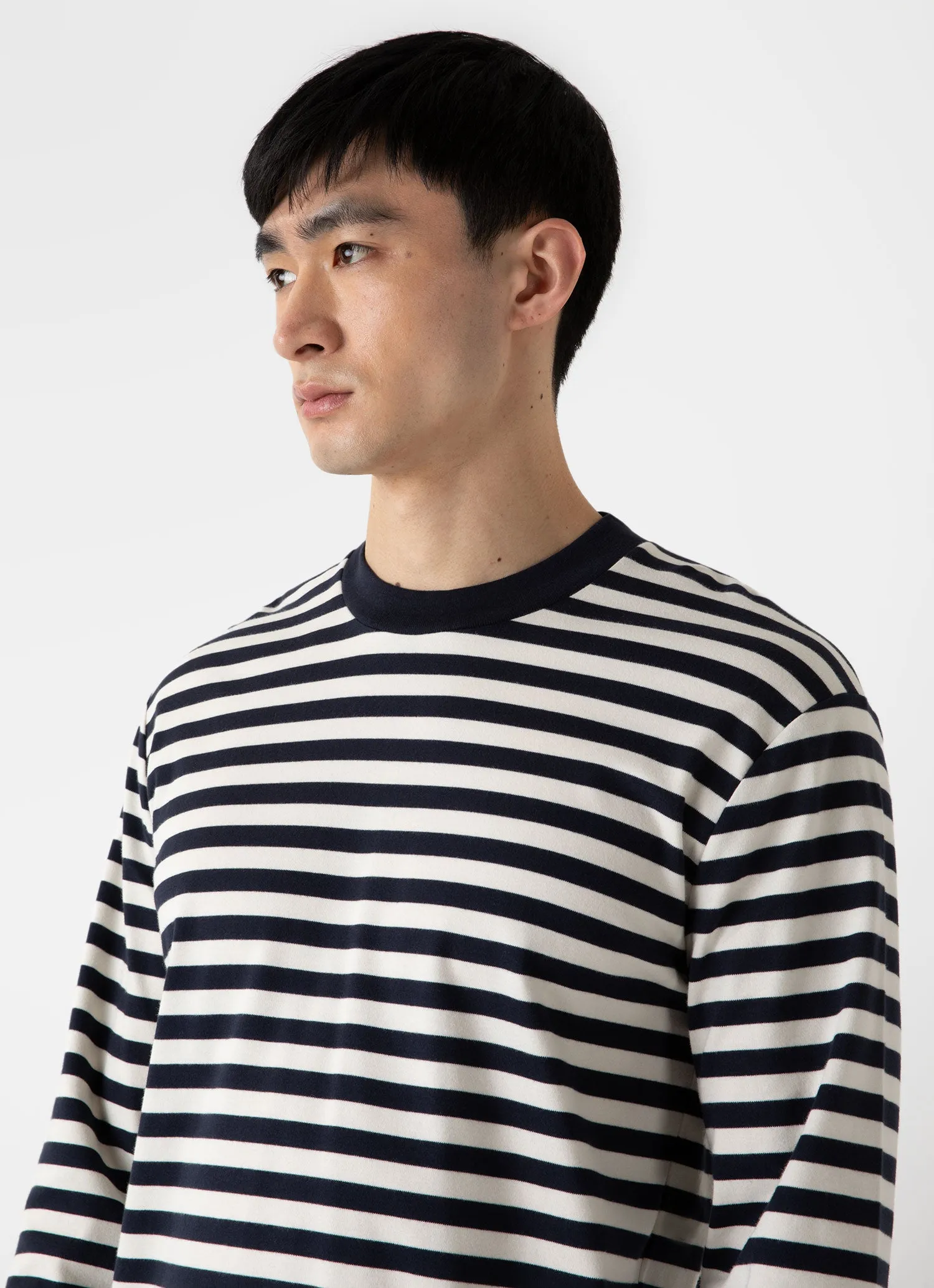 Men's Brushed Cotton Long Sleeve T-shirt in Navy/Ecru Block Stripe sold by Sunspel product image thumbnail 5
