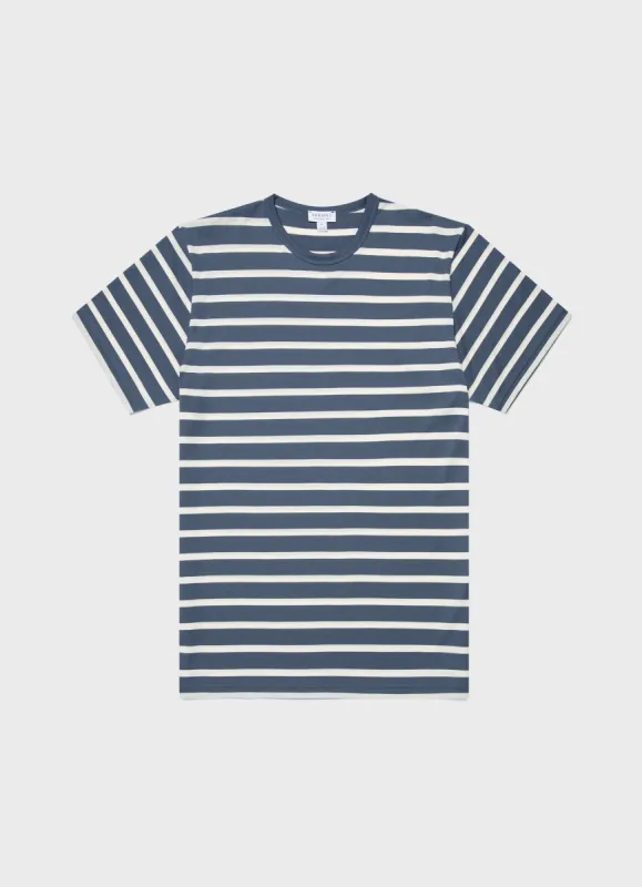 Men's Classic T-shirt in Slate Blue/Ecru Breton Stripe sold by Sunspel