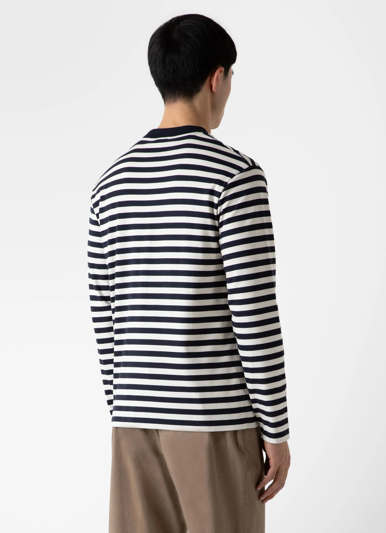 Men's Brushed Cotton Long Sleeve T-shirt in Navy/Ecru Block Stripe sold by Sunspel product image thumbnail 4