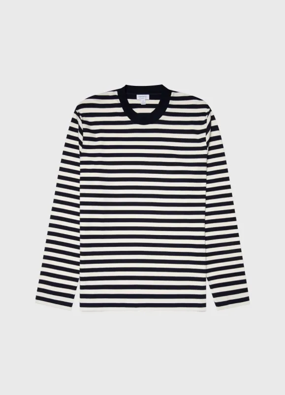 Men's Brushed Cotton Long Sleeve T-shirt in Navy/Ecru Block Stripe sold by Sunspel