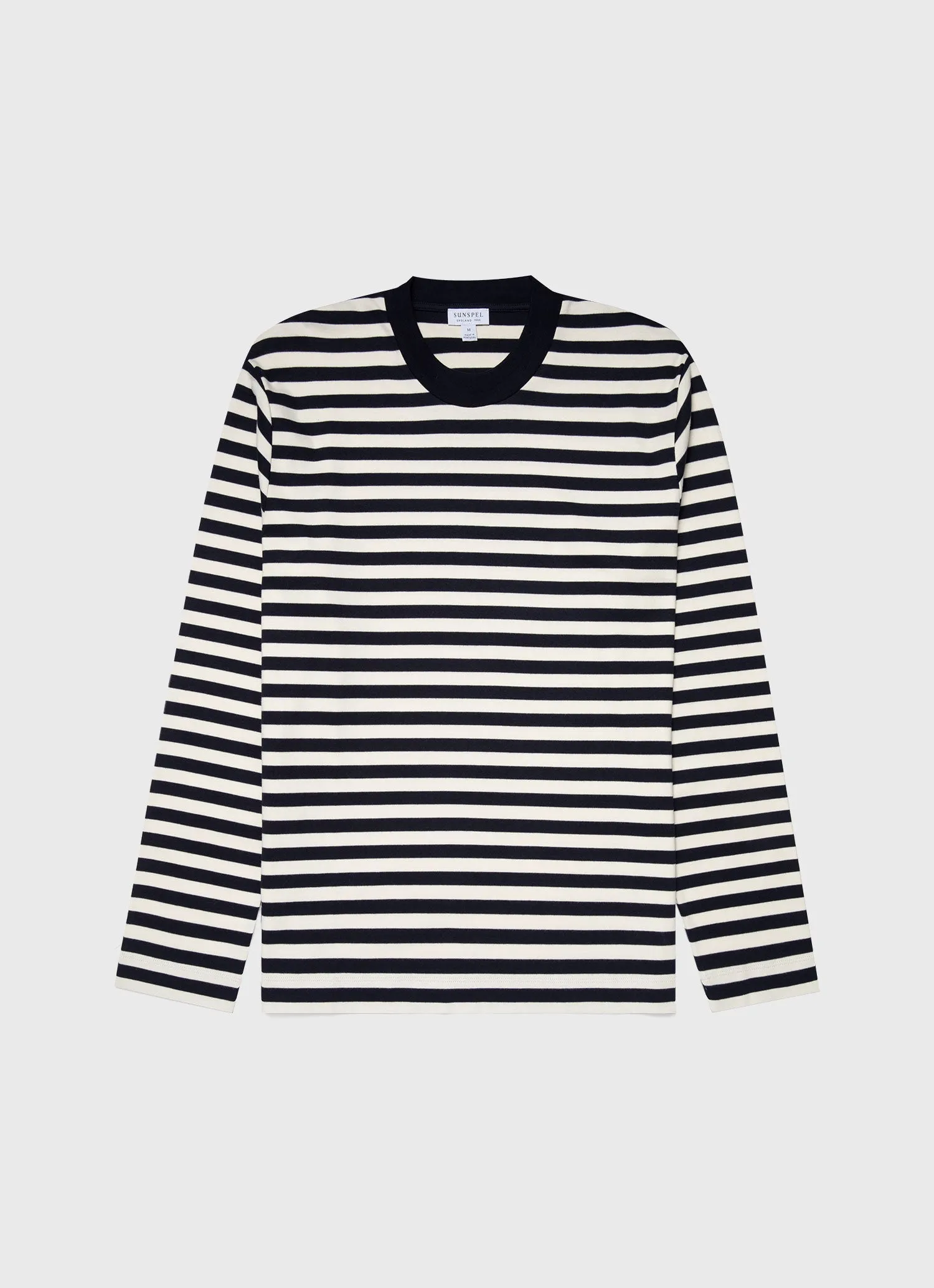 Men's Brushed Cotton Long Sleeve T-shirt in Navy/Ecru Block Stripe sold by Sunspel