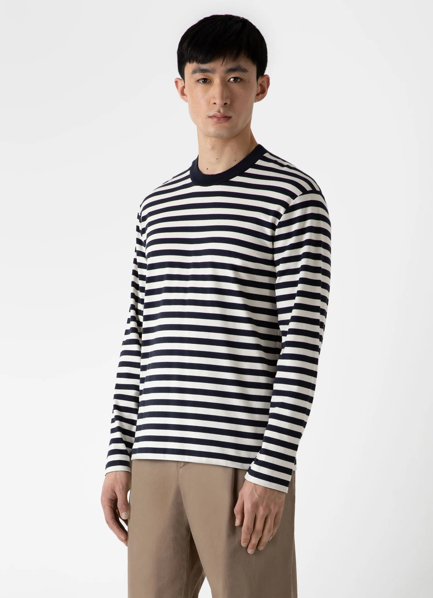 Men's Brushed Cotton Long Sleeve T-shirt in Navy/Ecru Block Stripe sold by Sunspel product image thumbnail 2