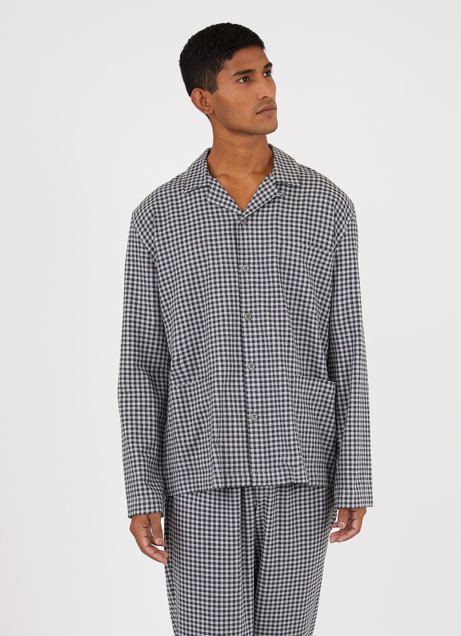 Men's Cotton Flannel Pyjama Shirt in Charcoal Grey Check sold by Sunspel product image thumbnail 2