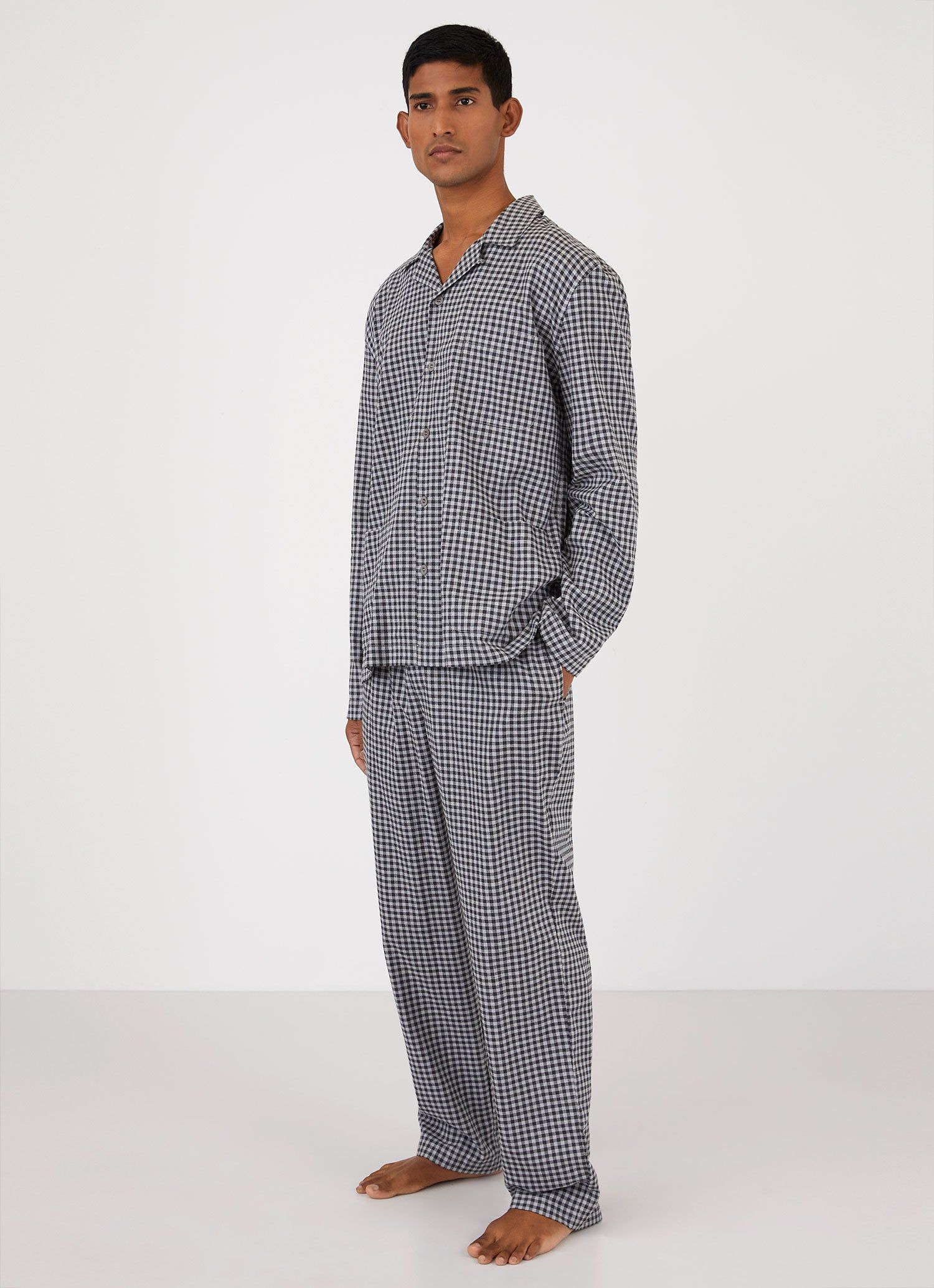 Men's Cotton Flannel Pyjama Shirt in Charcoal Grey Check sold by Sunspel product image thumbnail 3