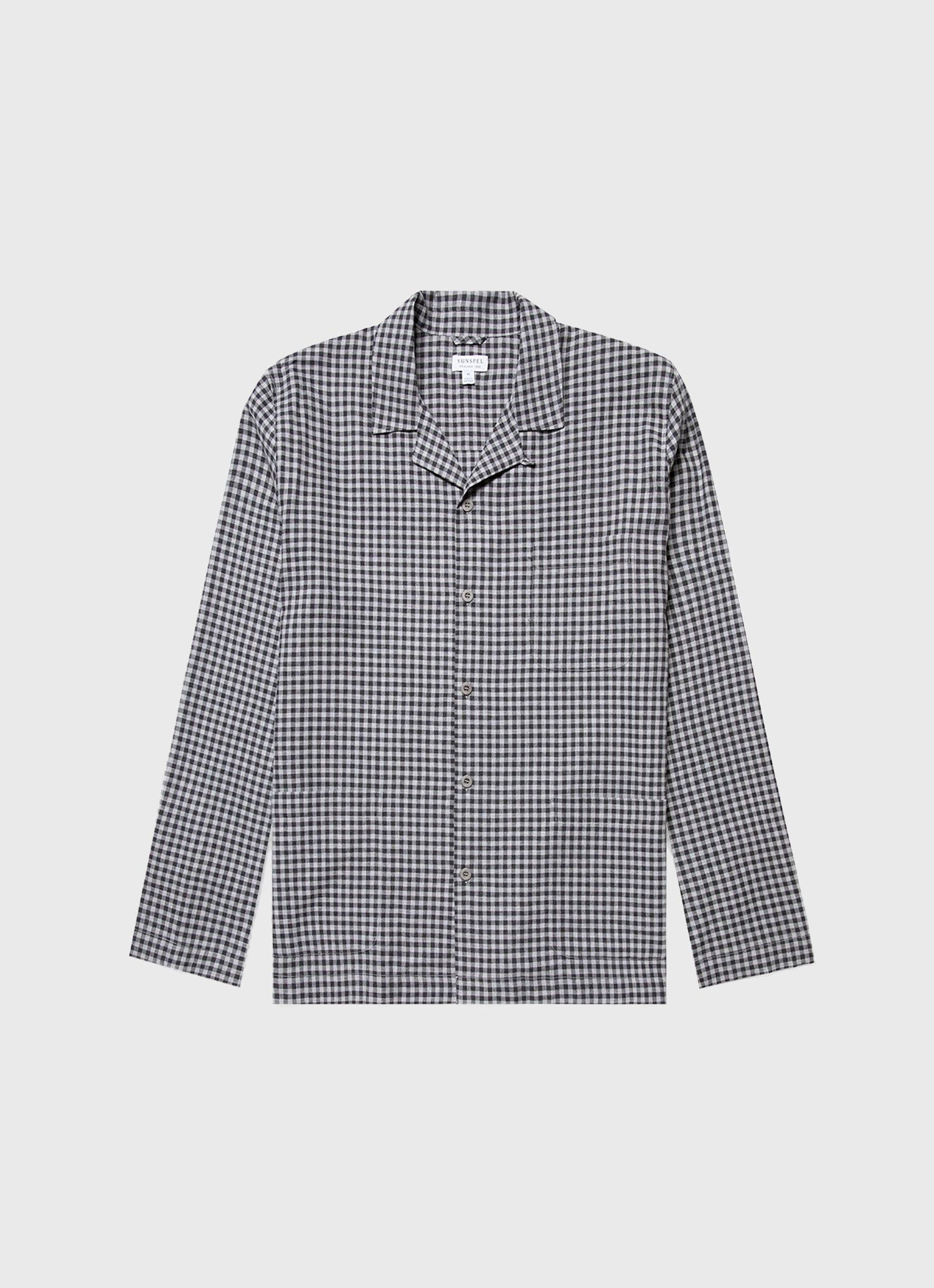 Men's Cotton Flannel Pyjama Shirt in Charcoal Grey Check sold by Sunspel