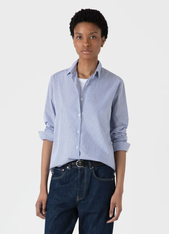 Women's Classic Shirt in White/Blue Bar Stripe sold by Sunspel