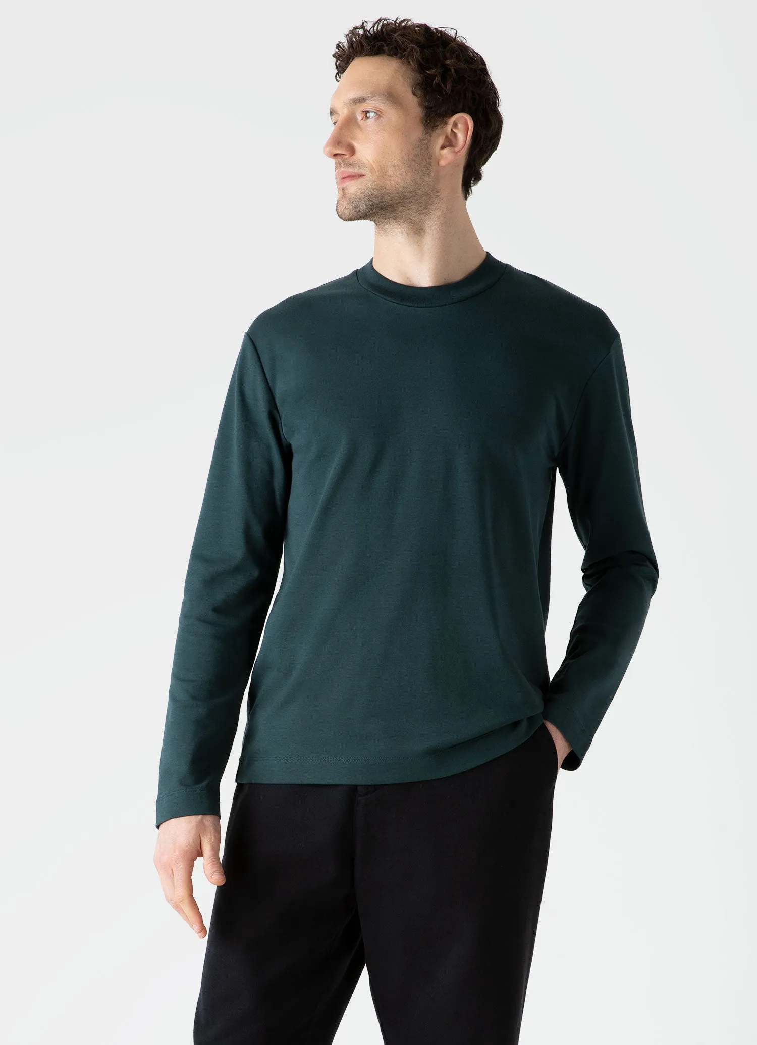 Men's Brushed Cotton Long Sleeve T-shirt in Peacock sold by Sunspel product image thumbnail 2
