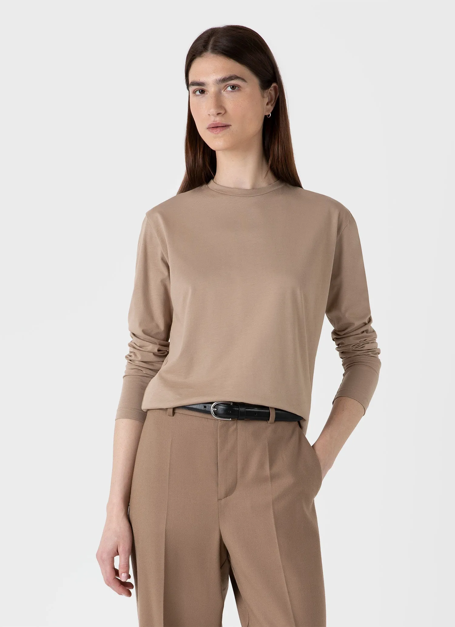 Women's Long Sleeve Boy Fit T-shirt in Sandstone sold by Sunspel