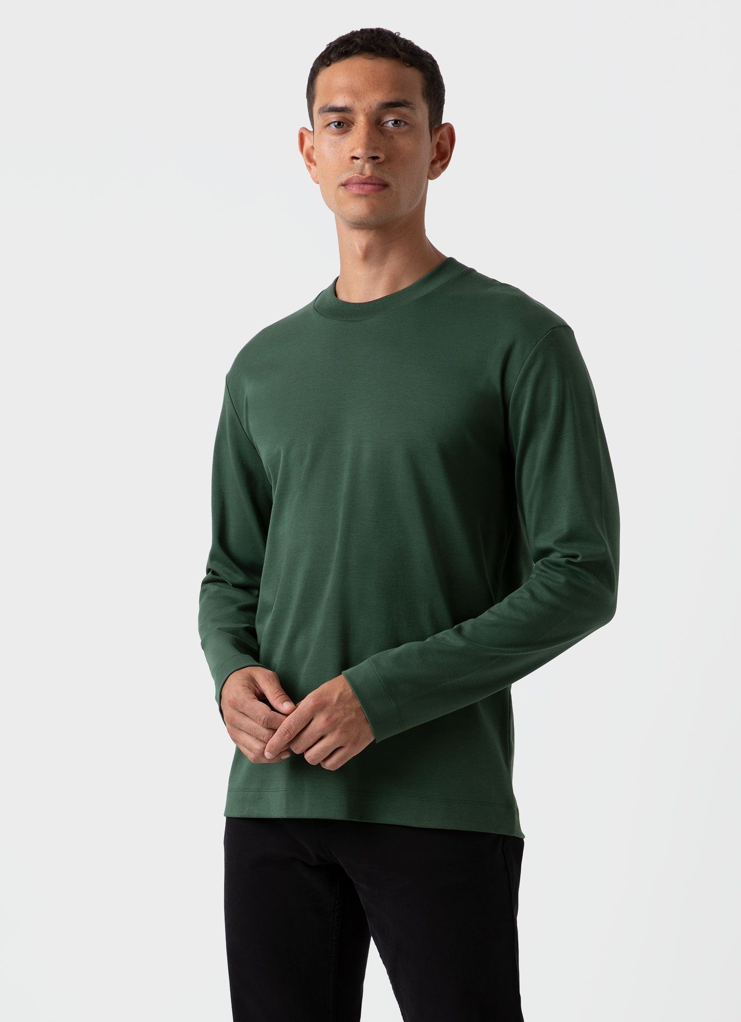 Men's Carbon Brushed Long Sleeve T-shirt in Dark Green sold by Sunspel product image thumbnail 2