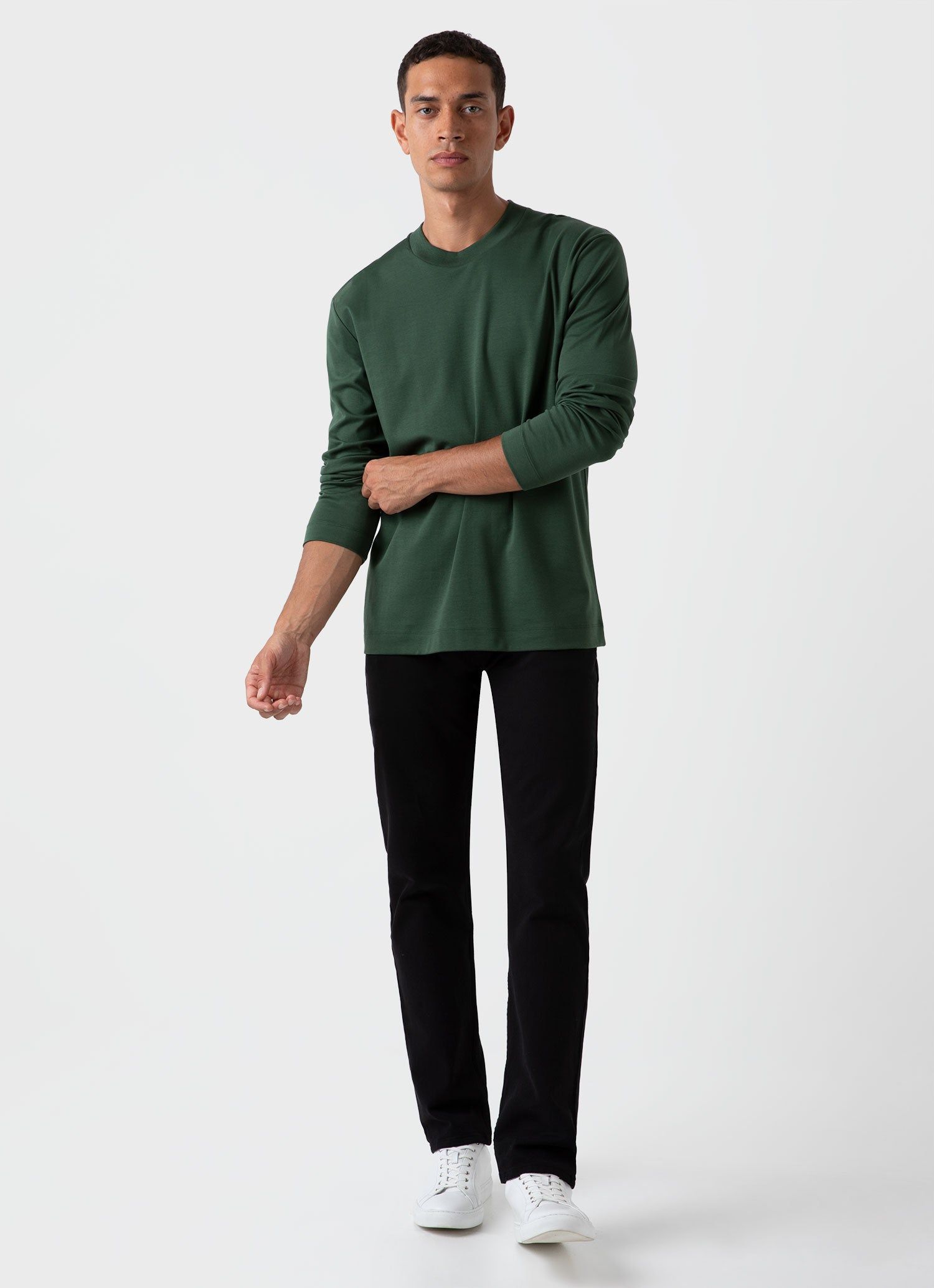 Men's Carbon Brushed Long Sleeve T-shirt in Dark Green sold by Sunspel product image thumbnail 3