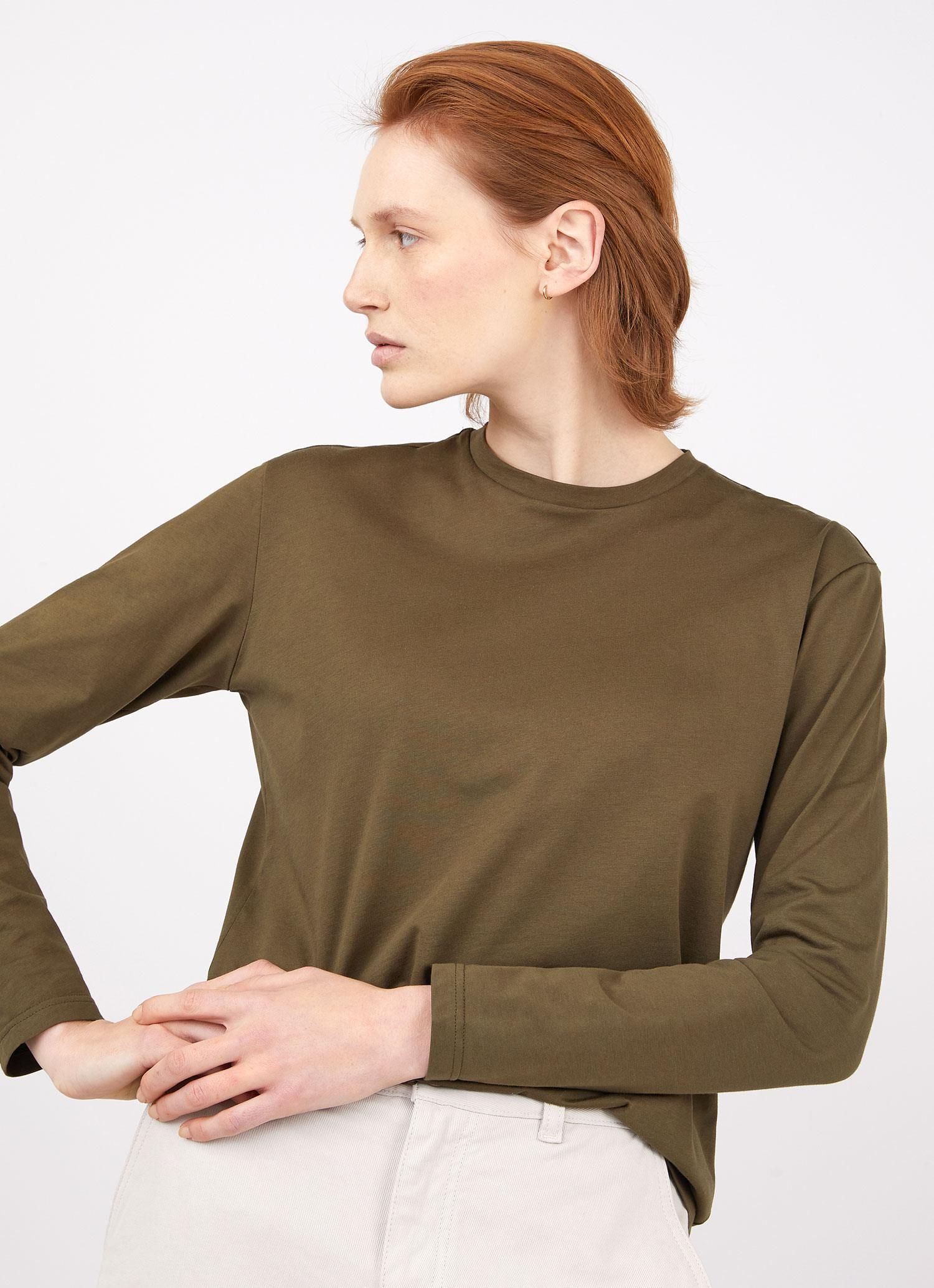 Women's Long Sleeve Boy Fit T-shirt in Dark Moss sold by Sunspel