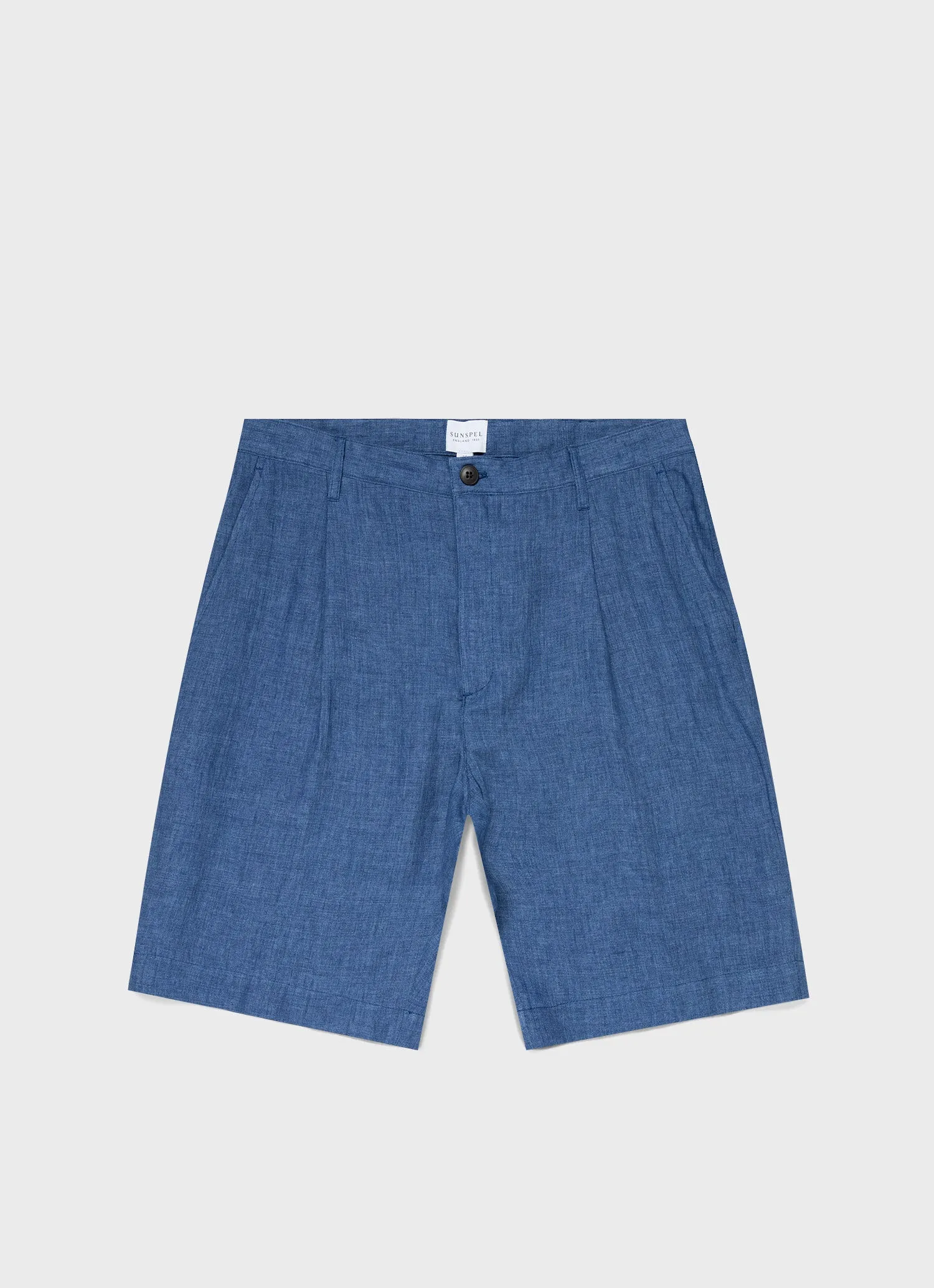 Men's Pleated Linen Short in Blue Melange sold by Sunspel