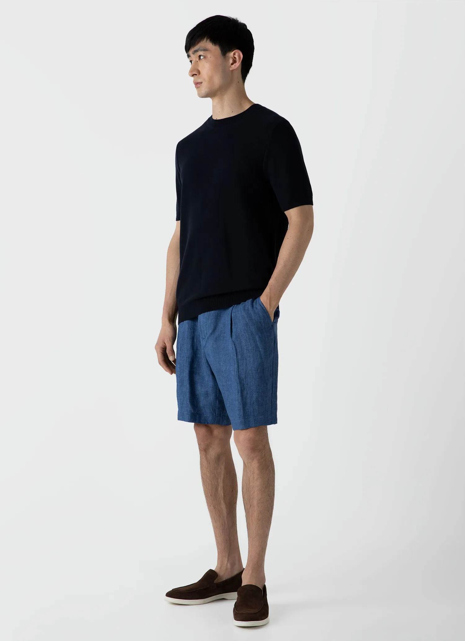 Men's Pleated Linen Short in Blue Melange sold by Sunspel product image thumbnail 2