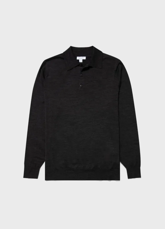 Men's Extra-Fine Merino Polo Shirt in Charcoal Melange sold by Sunspel