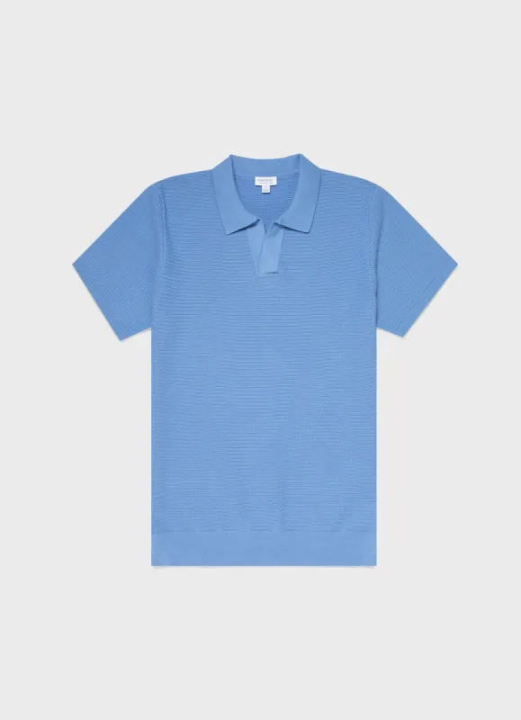 Men's Open Textured Polo Shirt in Cool Blue sold by Sunspel